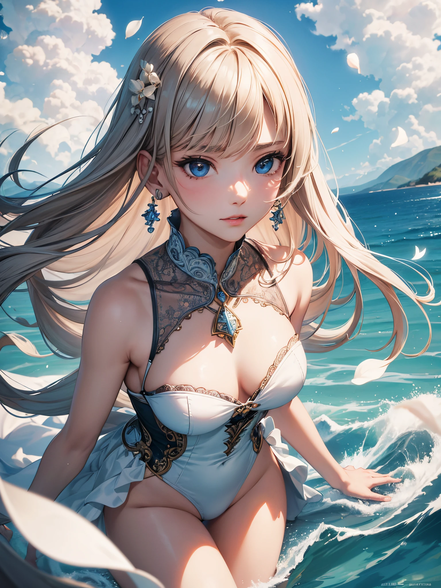 ((Finest quality)),(超A high resolution),(ultra-detailliert),(Meticulous portrayal),((Best Anime)),(Finest works of art),(Ultra-Precision Art),(The art of astounding depiction,Overwhelming depiction:1.5),(intricate and detailed art:1.6), (女性1人:1.5),(Very neat and beautiful face:1.6),Look here and wink:1.3, blowing wind:1.7,Soaring petals:1.6,Sparkling water surface:1.5,