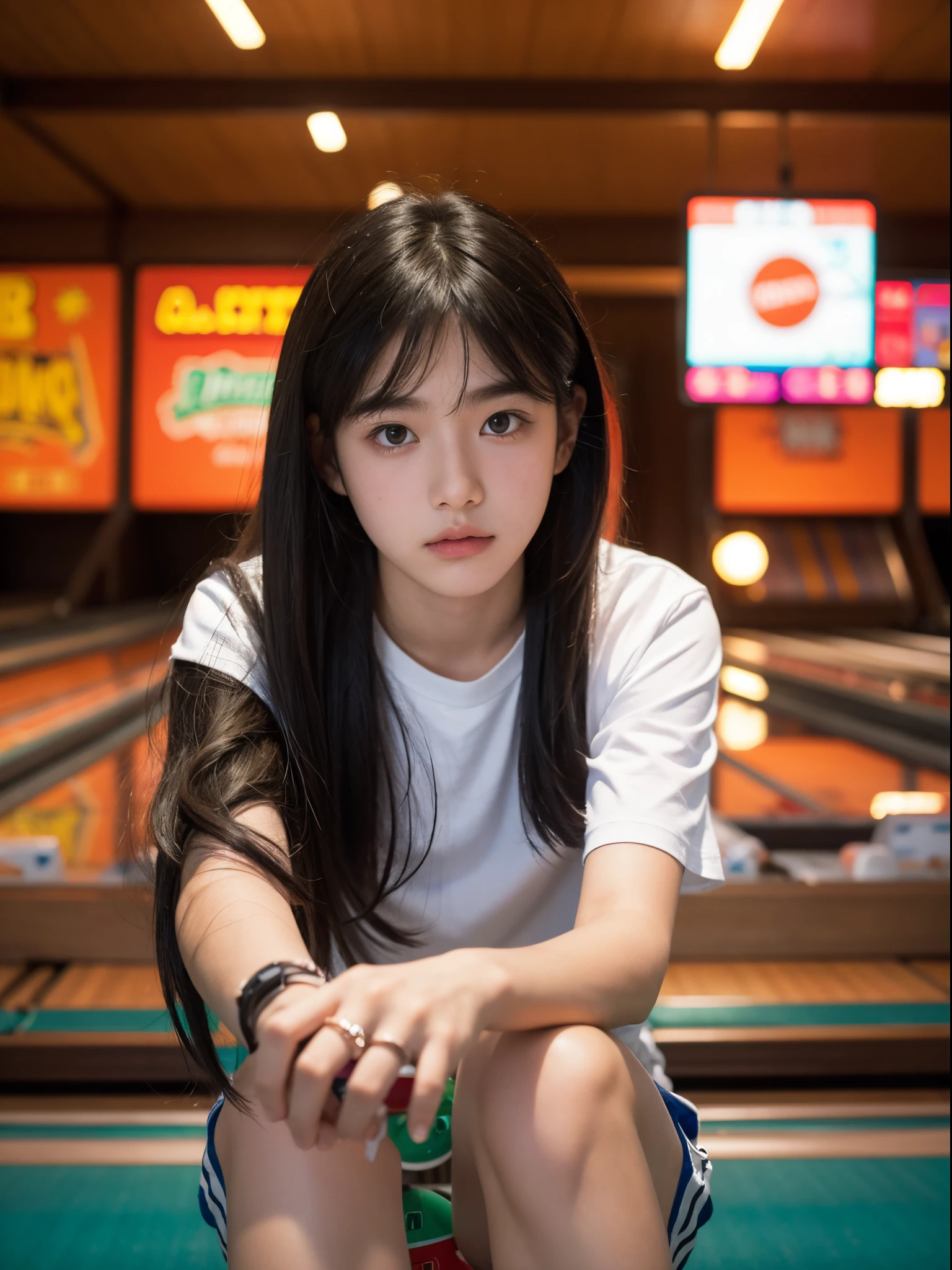 boy,  y.o, middle parted hair, shirt, rings, bowling alley