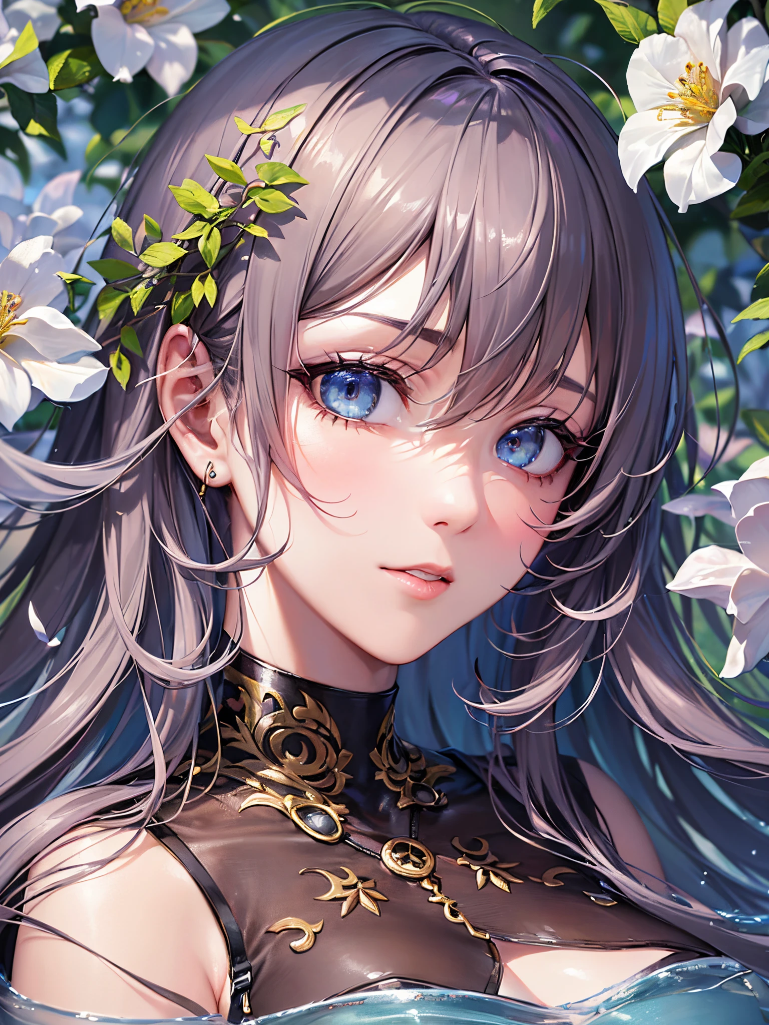 ((Finest quality)),(超A high resolution),(ultra-detailliert),(Meticulous portrayal),((Best Anime)),(Finest works of art),(Ultra-Precision Art),(The art of astounding depiction,Overwhelming depiction:1.5),(intricate and detailed art:1.6), (女性1人:1.5),(Very neat and beautiful face:1.6),Look here and wink:1.3, blowing wind:1.7,Soaring petals:1.6,Sparkling water surface:1.5,