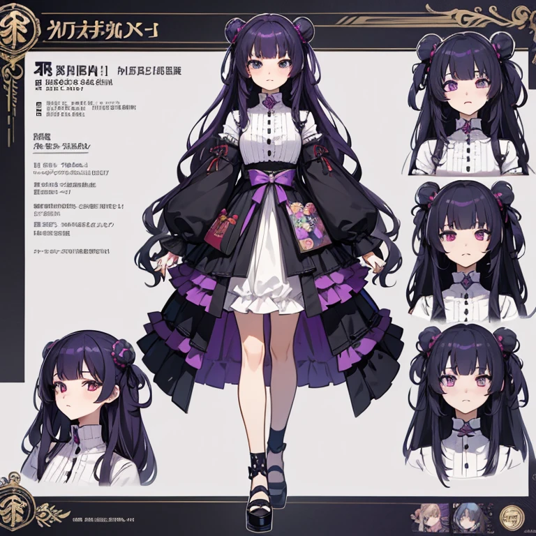 (Masterpiece, highest quality)), detailed face, character sheet, Full body and front fiev full of details, multiple poses and expressions, highly detailed, depth, many parts, 1girl, jirai kei style harajuku, Black and purple hair, wavy hair, long hair, blunt bangs, tsundere