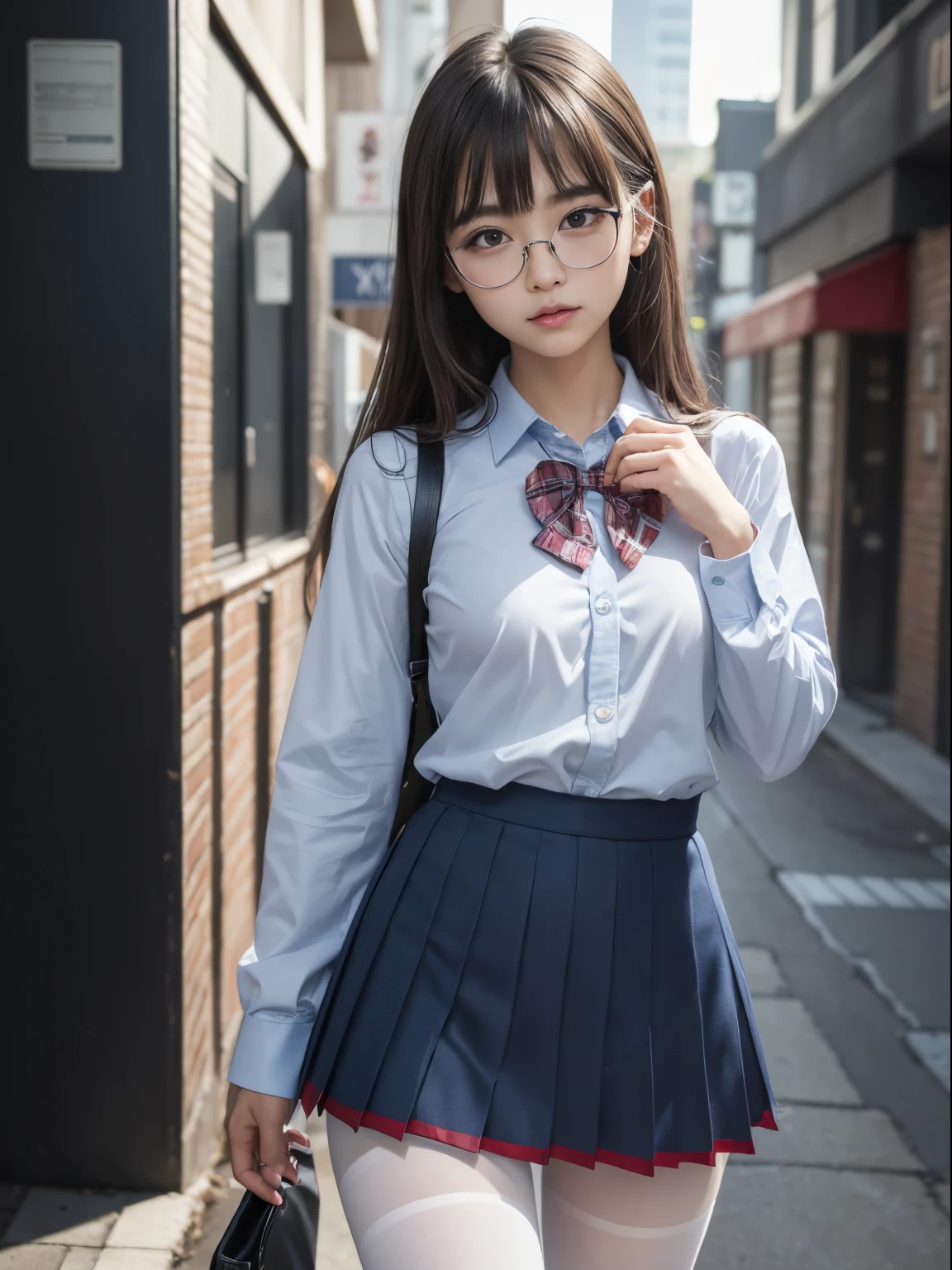 (I see underwear)、((Narrow-eyed))、((Narrow-eyed))、((Narrow-eyed))、(8K、Raw photography、top-quality、masterpiece:1.2),、Has a small、(flat breast)、(flat breast)、(flat breast)、(flat breast)、(flat breast)、(being thin)、light skinned、skin whitening、Dark look、Rasping,glamor,Chromo-white skin,cocky,School,watching at viewers,Looking at the front,Muchimuchi,High-pitched clothing,Erotic,Pupils,de pele branca,kne,((Black pantyhose)),absurderes,a small face,,Forehead visible,Bangs hanging from the left and right sides of the forehead,(a cold expression,Tight eyes,glares,Bullish,irate)、masterpiece,top-quality、超A high resolution,Raw photo,ren,Beautiful fece,One Person, 独奏,eye glass,,Dark look,Small breasts,fullllbody,Round glasses,JK school uniform,hi-school girl,A Japanese Lady, Standing,(Photorealsitic:1.37)、Photon mapping,Realistic、Beautie,Cute little face,Brown-eyed、Black socks、(Red bow tie)、Radio City、Physically Based Rendering、depth of field rally background、a picture,Body,beauty legs, Long legs, Thin leg,(Bangs are visible), hair, s lips, Blue_The eye, nosesoft,(Light blue shirt), (Navy and blue and white plaid pleated skirt), Knees are visible,Sheer clothing,, Thigh, Black cotton socks,Nogizaka Idol, , Japanese ido