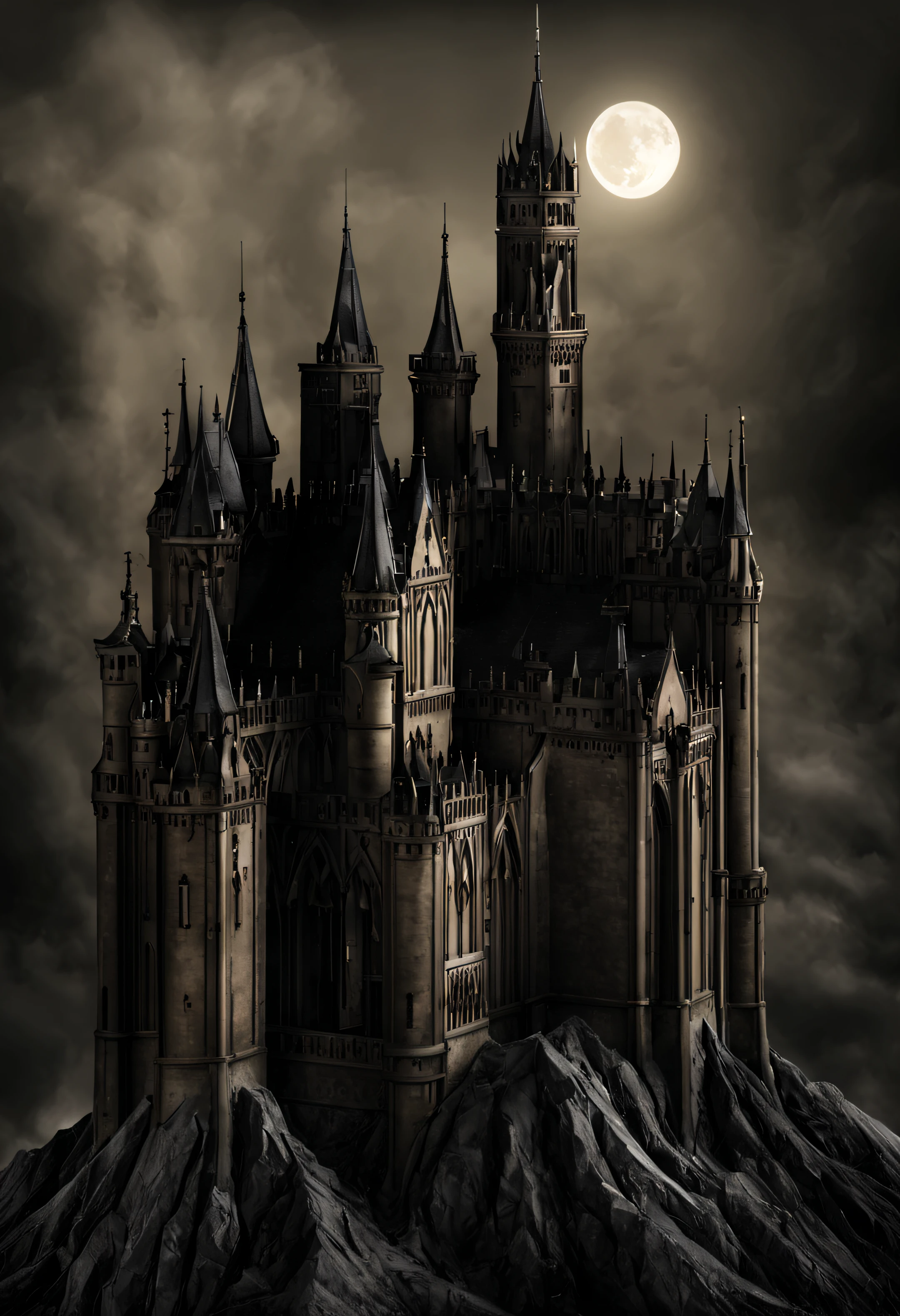 In a mysterious realm cloaked in eternal twilight, a somber, ancient castle looms in solitude. Within its Gothic walls, a fellowship of warriors, crowned with tribal symbols, gather in secrecy. Their eyes glimmer with a subtle darkness, echoing their ominous quest to unravel the fate of an age-old ring.