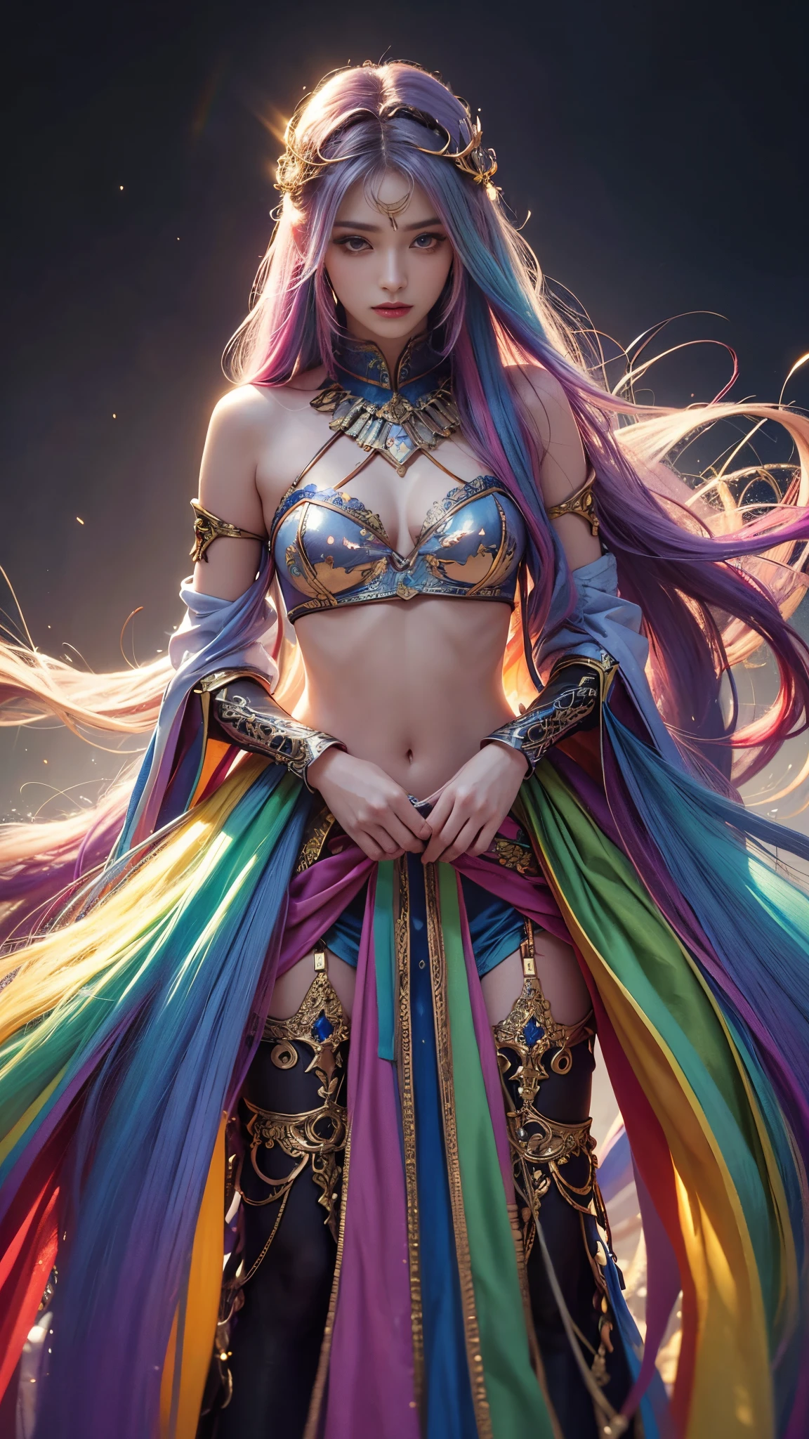 model shoot, (1 girl), long hair, rainbow hair, Islamic warrior, rainbow outfit, laces, shining:1.5, hyper realistic, super detailed, Dynamic shot, masterpiece, scene sharp détails, perfect eyes, perfect skin, perfect hands, attractive poses,