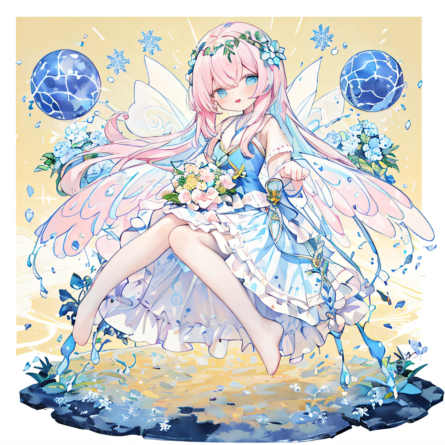 (PastelColors:1.3)、(Cute illustration:1.3)、(watercolor paiting:1.1)、(Wearing large transparent fairy wings with polka dots。。。。。。。。。。。。。。。。。。。。:1.3),Falling from the sky,Head down, feet up, Blue haired girl,improve,ultra wide-angle ,Detailed background、Smile with open mouth、Beautifully detailed、Moya、colourfull、marble、Particles of light、Pattern ROM side、Shirayuki Noel、Snowflake、
Detailed drawing、Vibrant colors、striking contrast、intricate detailes、Delicate depiction、Luminescent、full body Esbian、From the side、Beautiful facial features、appropriate color eyes、Wearing intricate and delicate ornaments、glowing aura、Radiant hair,Illuminated by the morning light、Summer wreaths、Pale yellow background、Fairy with a bouquet Fairy、A pink-haired、Bun head、jumpping、levitation、Thick wool gown:0.4
