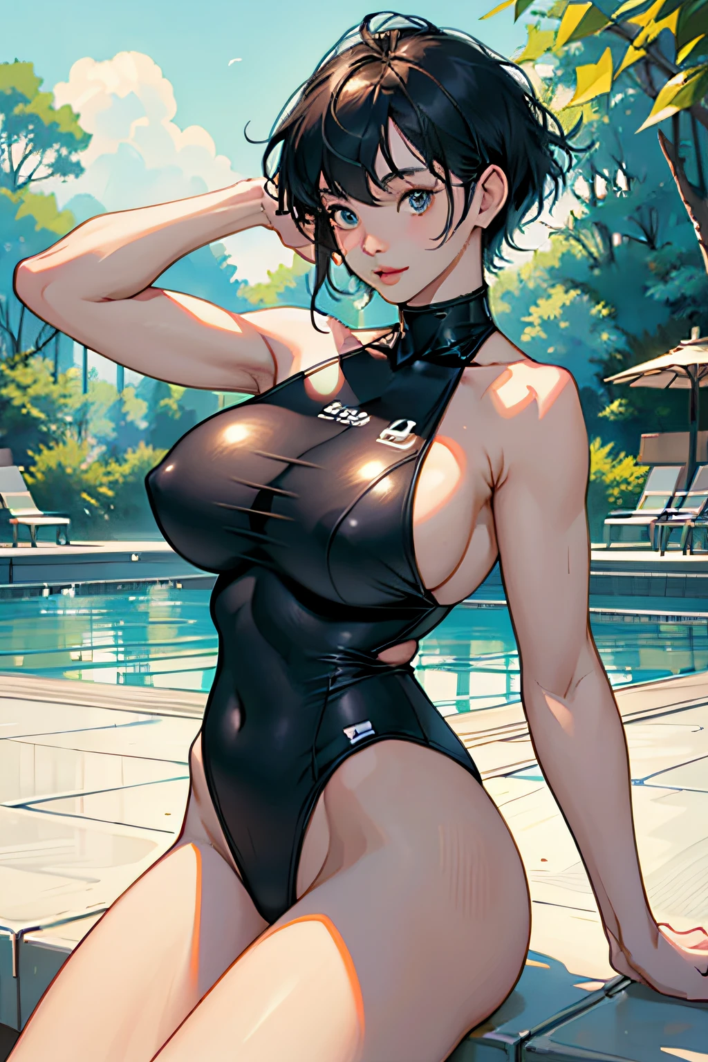 ｟Night Pool｠、chee、in poolside、（Dynamic pose Agidare pose、Body twisting pose、masutepiece, Best Quality, finely detail, hight resolution, in 8K, Perfect dynamic composition, Beautiful detailed eyes, ｟Competitive swimsuit｠,（huge udder:1.3）、 Natural Color Lip, Bold sexy poses,huge smile,20 years girl、Cute、(​masterpiece、top-quality) 、For clear images、absolutely outstanding image, very extremely beautiful、​masterpiece, top-quality,a picture, kawaii、(Colossal tits:1.2)、((20 year old woman:1.******ung adorable Japan face, dewy skin,,Soft portrait shots,in 8K,Japan girl realistic young idol、Young cute gravure idol、Young gravure idols、Young gravure idols in Japan、bob cuts、