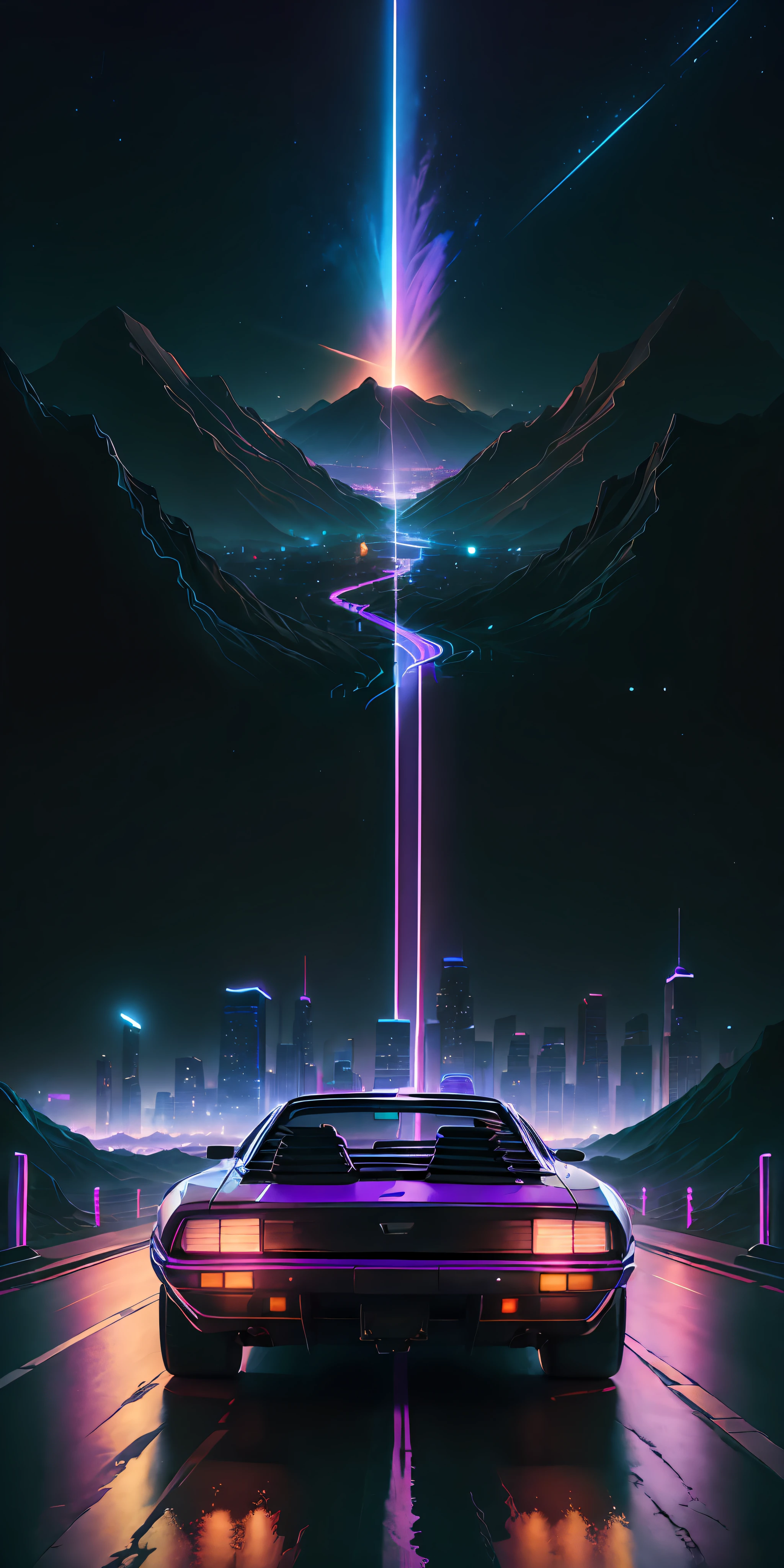 retrowave. city, 1969 Nissan S30, wide body kit, road,  purple neon lights, sun, mountain, 
(masterpiece,detailed,highres),