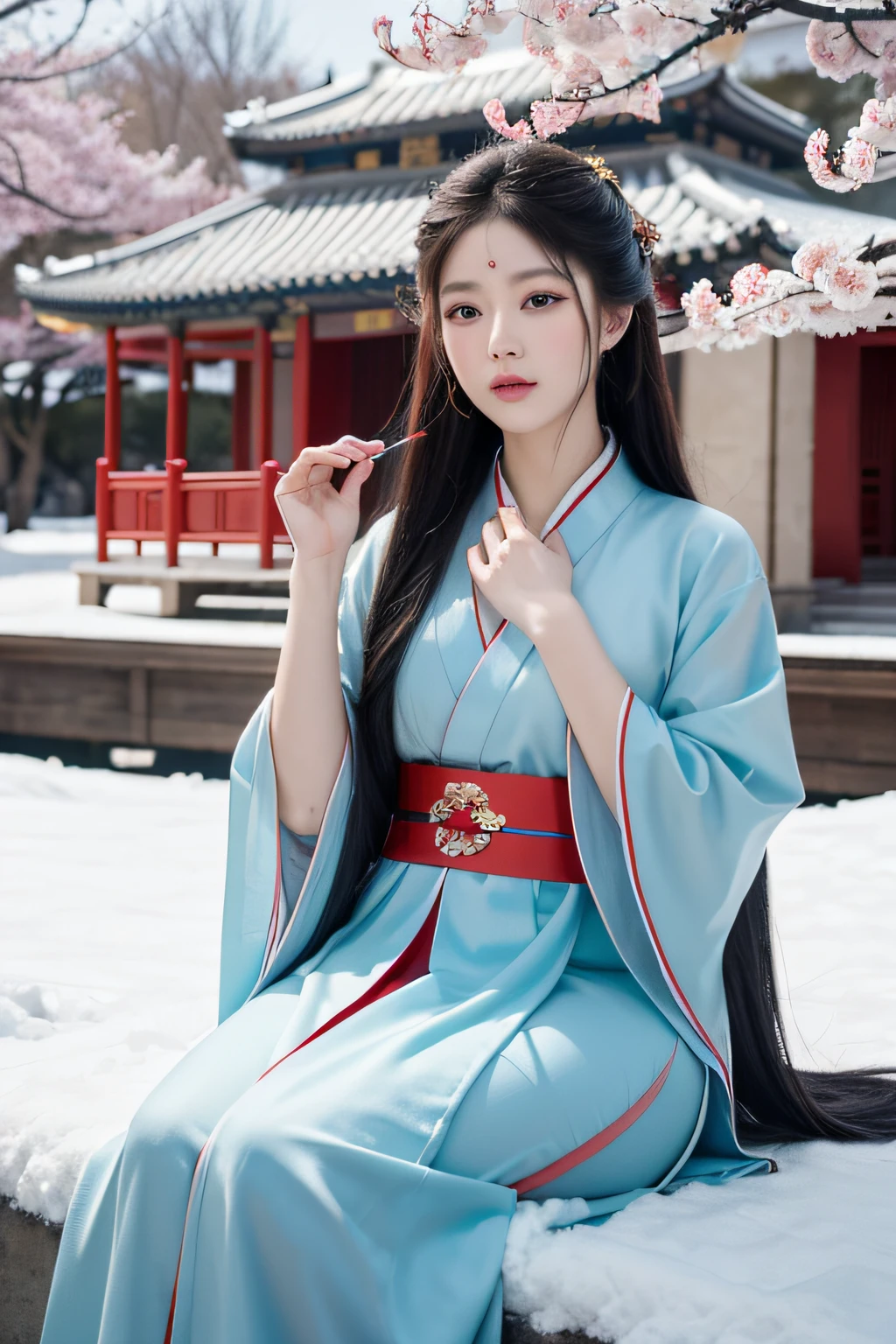 4K best picture quality,电影灯光,Ray traching,Tang dynasty girl,Half a face,facial beauty,Wearing red gorgeous Hanfu,Long white hair,The hair a bit messy,blue color eyes,With hairpins,One hand drags one'an cheeks,Sit in the pavilion,Appreciating plum blossoms in the snow