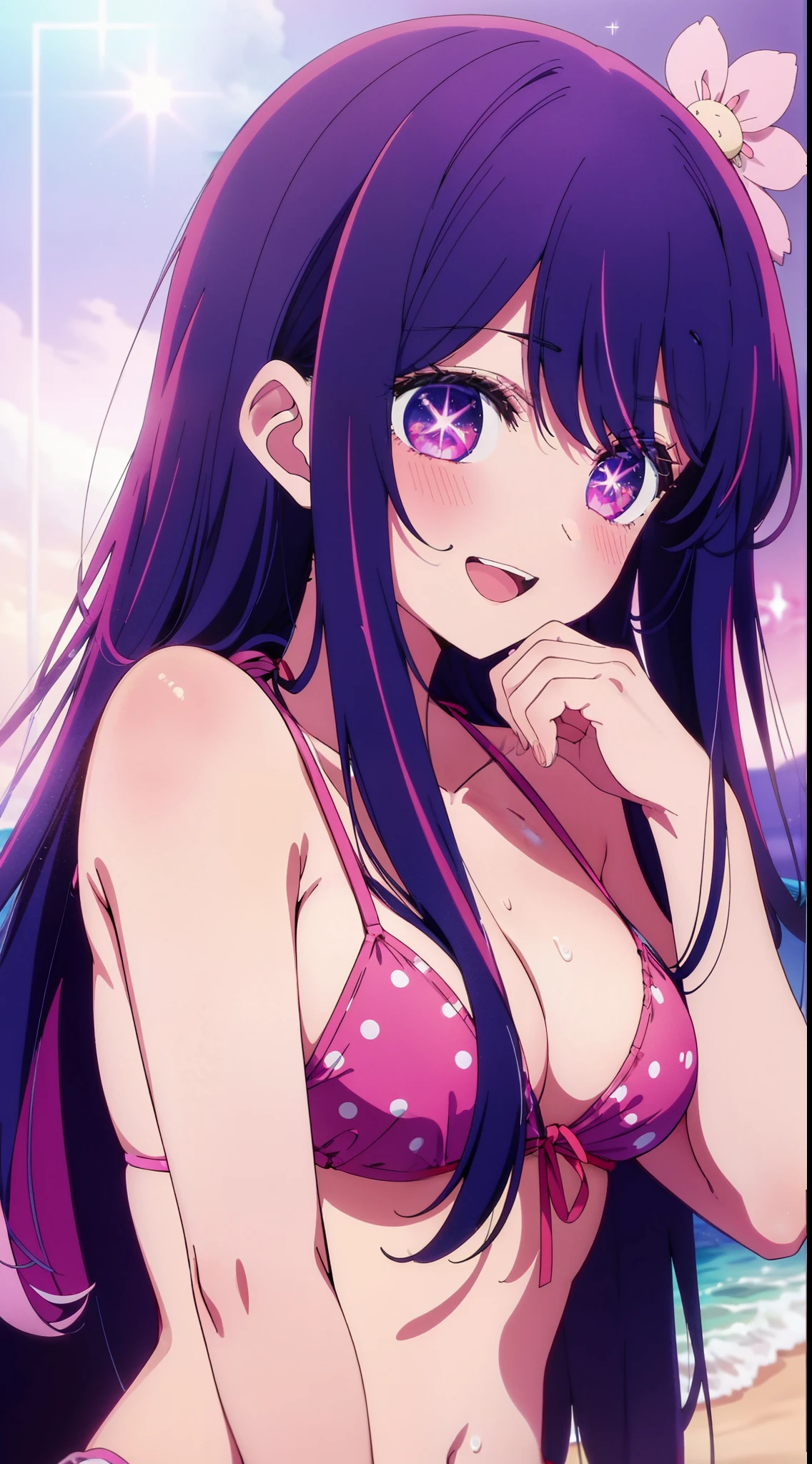 Anime girl with long hair and purple eyes, a picture inspired by Puru, Tumbler, conceptual art, Anime Best Girl, anime moe art style, closeup Iwakura Lain, Anime visuals of cute girls, Anime girl named Lucy, iwakura lain, Still from TV anime, anime still image, (Anime Girl)、(((the beach)))、A smile、Open your mouth、Ai Hoshino、(((The bikini)))