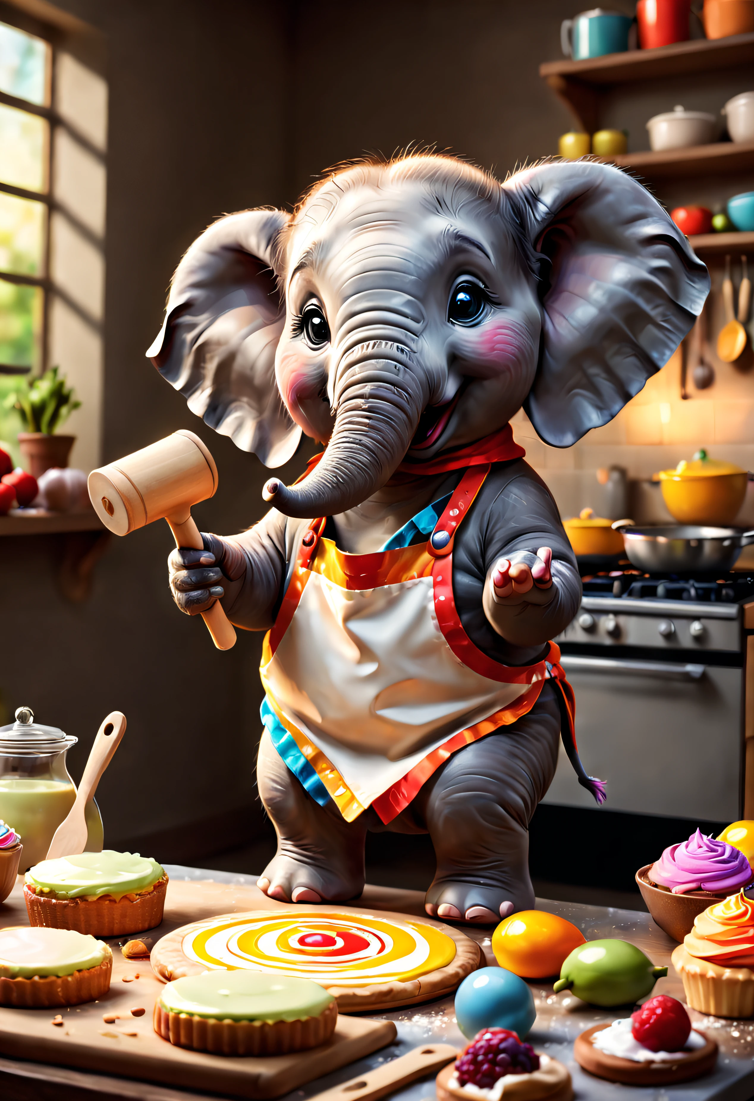 (mesmerizing,colourfull,High definition:1.2),Éléphant mignon et heureux,cuisine,with a rouleau à pâtisserie,Style artistique,Ingredients gourmands,Vibrant colors,softlighting,Ambiance joyeuse,Delicious desserts,Playful Background,Illustration professionnelle