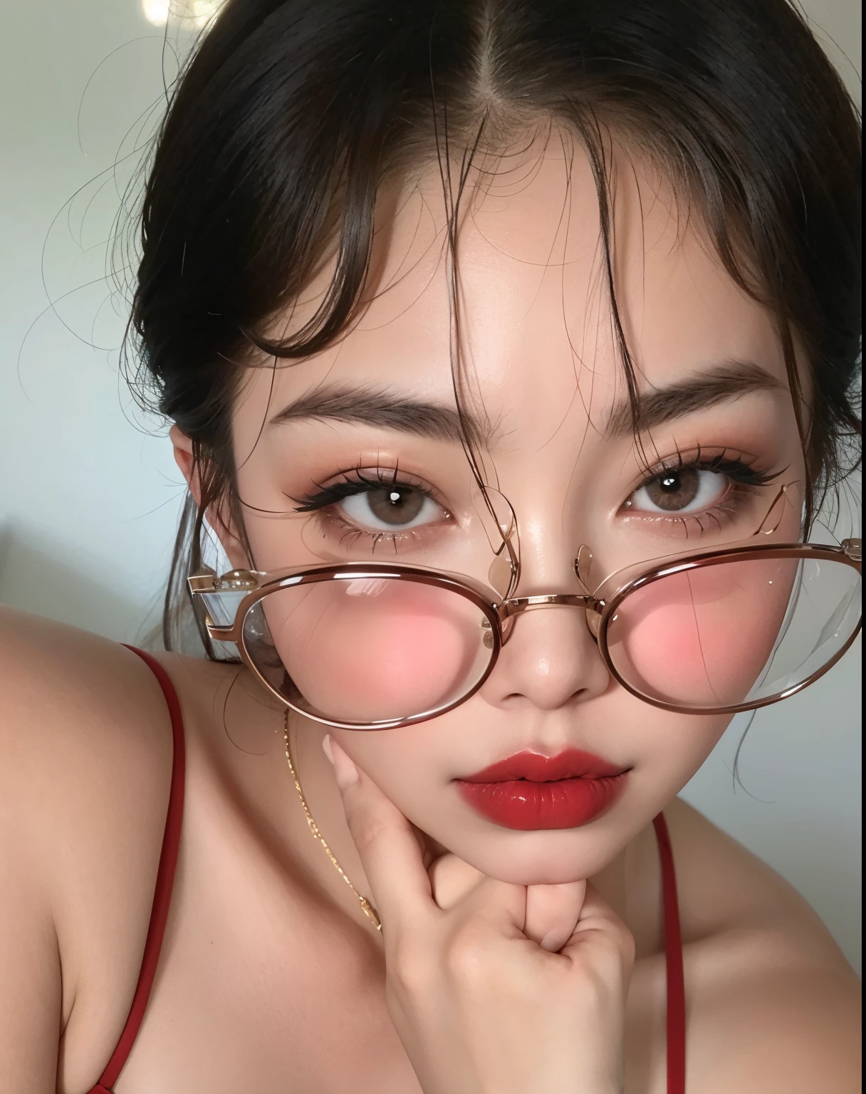 there a woman with glasses and red lipstick posing for a photo, wearing small round glasses, usar gafas redondas grandes y delgadas, con gafas, usar gafas rojas contaminadas, con gafas cuadradas, gafas gruesas, Cara linda clara, Labios claros y de alta calidad, usar gafas cuadradas, usar gafas redondas, small and thick red lips, labios rojos tenues, ulzzang