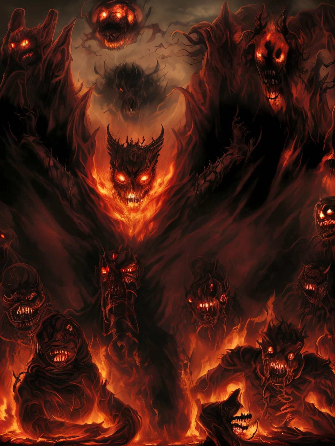 (Best quality at best,4K,8K,A high resolution,tmasterpiece:1.2),ultra - detailed,(actual,realisticlying,Photorealistic:1.37),terror,Dark,the night,firey,fearsome,satanic,grotesque,Distorted numbers,Dark Dark Shadows,Ominous atmosphere,Evil spirits,Scary faces,vivd colour,sharp corners,sharp talons,fiery red eyes,Hell scenery,dense smoke,threatening presence,A confusing combination,The beast from the darkest nightmare,Creatures crawling in the dark,The monster's face emerges from the shadows,The soul tortured in pain,Hauntingly beautiful yet terrifying,nightmarish ghost,Terrible claws stretched out,horror and grotesque,The pain and despair in their eyes,Disturbing and chilling presence,Face contorted with pain,Creepy and ominous silhouette,Death and destruction surround them,The macabre dance of the damned,Serpentine body,chaos and madness,horns and fangs,Hellfire and Hellwind,Scary symbols and runes,Hellfire burns in their eyes