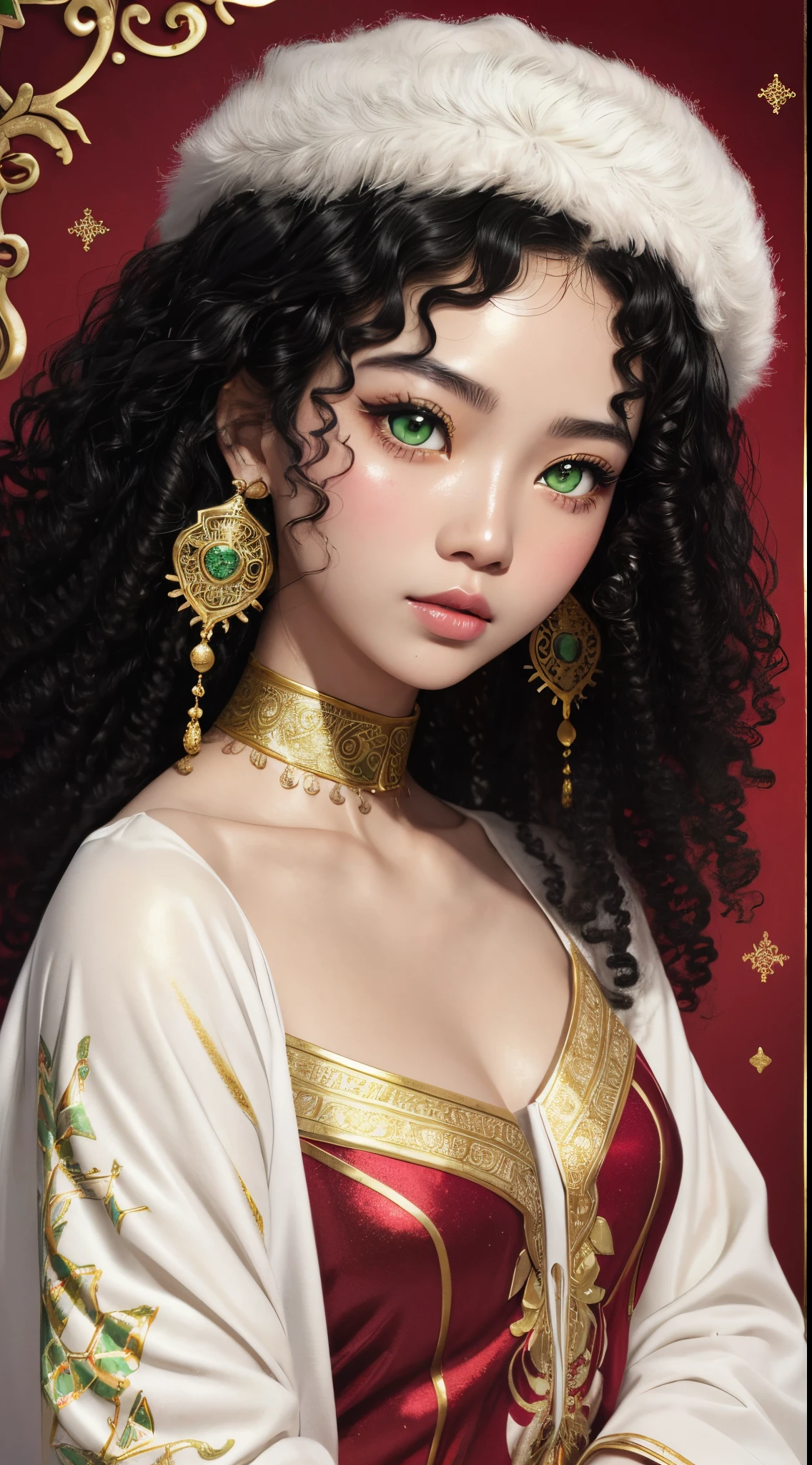 asian Girl Highly Detailed Face and Skin Texture, ((white skin)) ((big green eyes)), slim face, juicy lips, ((afro curly Black hair)), pale skin, Detailed Eyes, Eyelids, in christmas print, collage-based, gilded line work, fashion illustration, red and white pastel color palette, glitter