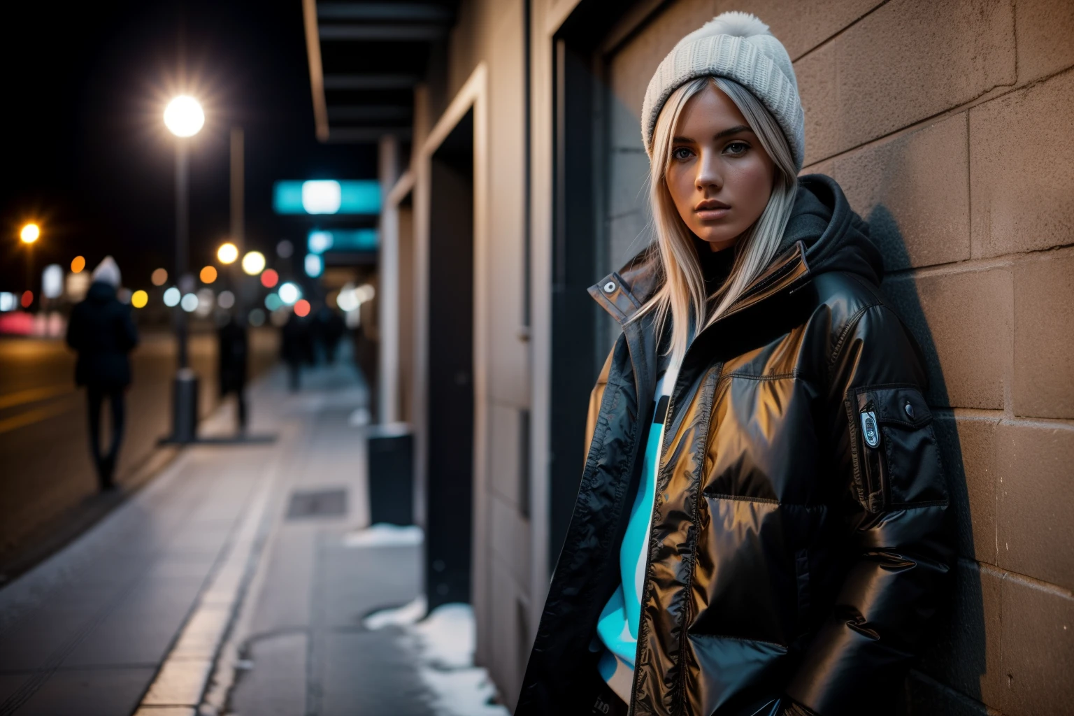 A full-body confident 25-years old white-skin female model in a winter jacket, poising on a street, medium: photo hyper-realism, style: edgy street fashion meets contemporary art, lighting: dramatic contrast with a mix of artificial and natural light, colorold and gritty with a focus on the textures of the winter jacket and street, composition: Nikon D850, AF-S NIKKOR 50mm f/1.8G lens, Resolution 45.7 megapixels, ISO sensitivity: 200, Shutter speed 1/125 second, close-up shot with a focus on the full body, street art as a backdrop --ar 16:9 --v 5.1 --style raw --q 2 --s 750