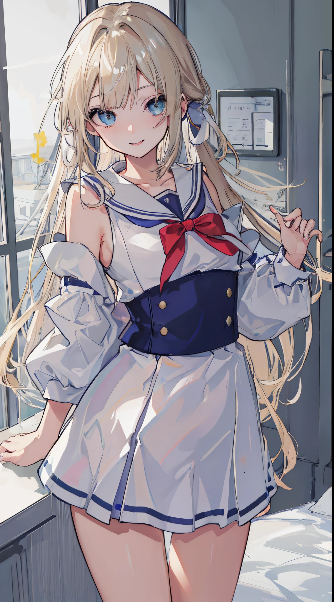 top-quality、realistic touch,high-detail、photoRealstic、long body、thin-waist、captive beauty、big eye、Strong platinum blonde eyelashes、platinum-blond、full body Esbian、Sparkling eyes、Submissive smile、Flushed cheeks、Kamimei、thin-waist、Voluptuous thighs、Enraptured look、Raked bangs、The forehead is protruding、a sailor suit、sleeveless、Inside a room、13yo girl、pony tail hairstyle、standing