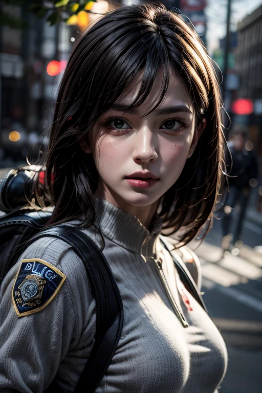 Highest image quality, outstanding details, ultra-high resolution, (realism: 1.4), ((close up:0.75)), highly condensed 1 lady, with beautiful and a delicate face, perfect proportion, aiming the viewer, ((aiming the viewer)), (chubby:0.2, small breasts), (cloths color ratio black:0.3 white:0.5 other-color:0.2), (wearing police uniform, black and gray military suit, wearing high-tech, military harness, holding a machine gun, carrying high-tech-backpack), background grey wall,