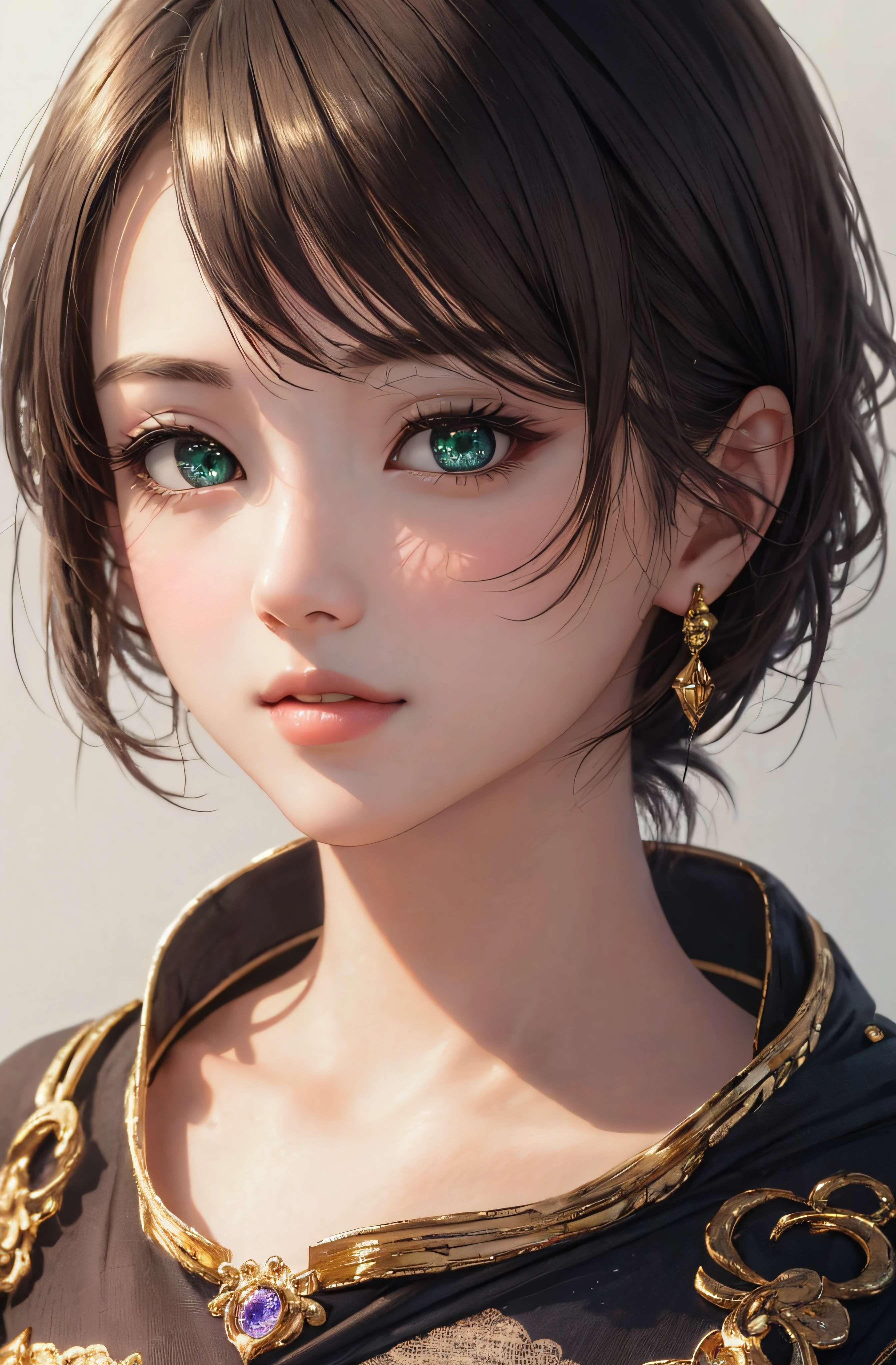 8K、realphoto、超A high resolution, Master Parts, Best Quality, nffsw , cinematic images,Lovely girl、ann、16 only、Anglo-Saxon、二重まぶた、drooing eyes、Very big eyes、Eyes are green、Dark eye shadow、The lips are very thin、The tip of the nose stretches beautifully......、The tip of the nose is small,,,,, ighly detailed , Dark gold hair、Straight short hair、ssmile、 Sweet look 、a very beautiful woman、legs are long、 Very clear shadows , jewely , A sexy , A detailed eye, very intricate, shiny skins , Perfect Brilliant, Perfect Lighting, Dramatic shadows、See-through white dress