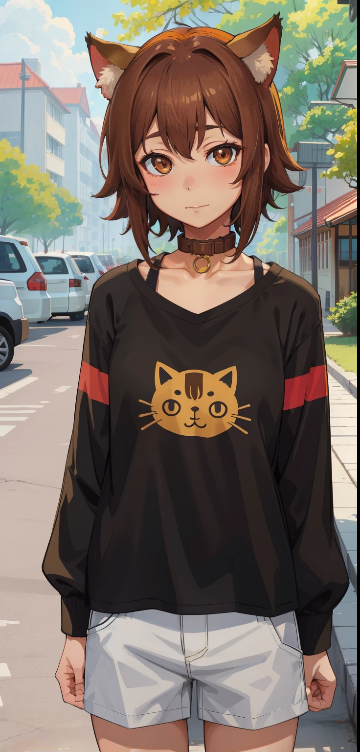 best quality, (masterpiece:1.2), highly detailed, standing, outdoors,
1girl, solo, kotegawa chisa,
looking at viewer, slight smile, closed mouth, upper body,
brown eyes, brown hair, short hair, black shirt, collar, cat ears, ultra-detailed eyes