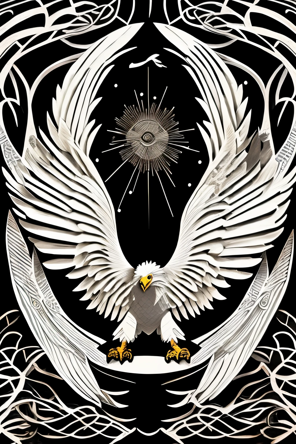 Eagle wings decoration hanging on black background, Dot paintings inspired by Yuko Shimizu, CG Association Competition Winners, Created, An eagle, Highly detailed engraving, yasunari ikenaga, The carving  very detailed, naoto hattori, 20k, adddetail, Line drawing of eagle wings, very full detail，line drawn，Advancedsense，Thin lines，Eagle Totem，siluette