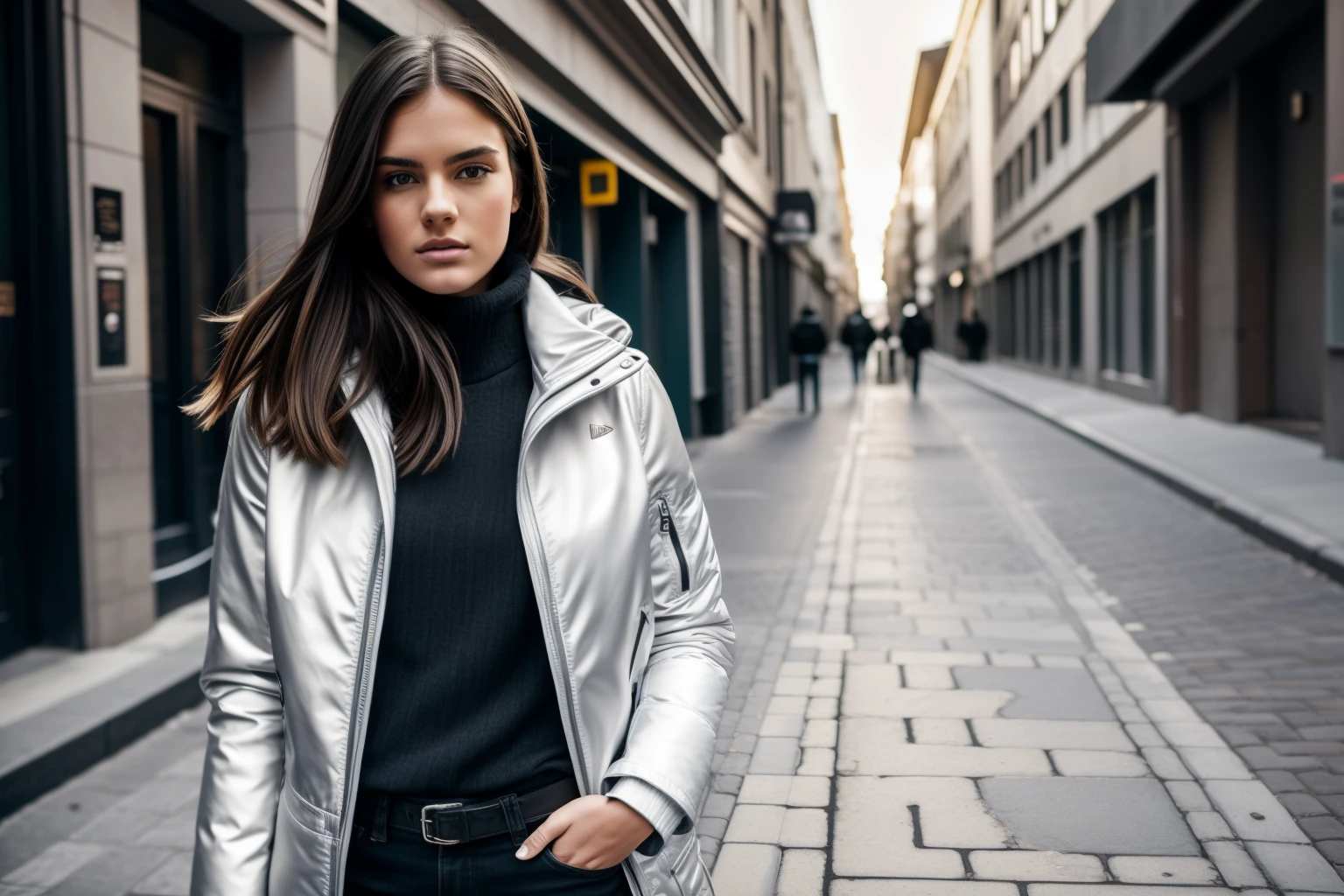 A full-body confident 25-years old white-skin female model in a winter jacket, poising on a street, medium: photo hyper-realism, style: edgy street fashion meets contemporary art, lighting: dramatic contrast with a mix of artificial and natural light, colorold and gritty with a focus on the textures of the jacket and street, composition: Nikon D850, AF-S NIKKOR 50mm f/1.8G lens, Resolution 45.7 megapixels, ISO sensitivity: 200, Shutter speed 1/125 second, close-up shot with a focus on the full body, street art as a backdrop --ar 16:9 --v 5.1 --style raw --q 2 --s 750