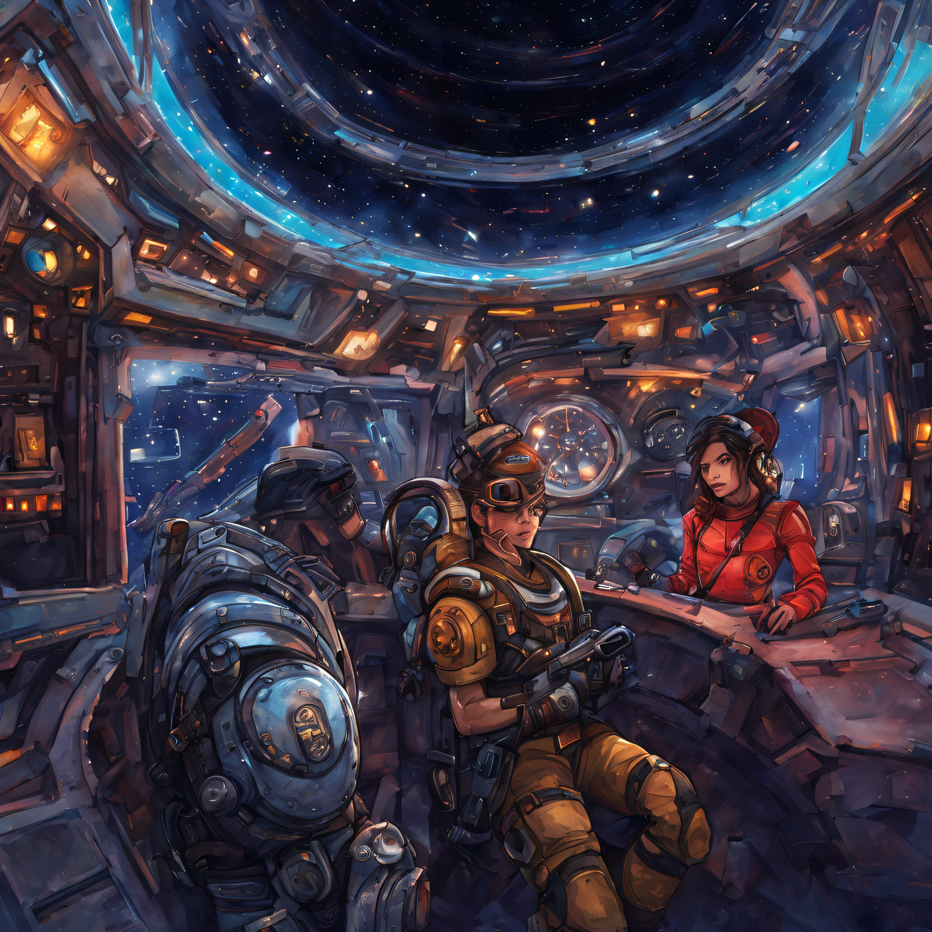 detallado, colores planos solamente, illustration, arte lineal, acuarela: 0.8, mejor calidad, antecedentes detallados, primer plano de la cabeza y los hombros de una joven, guerrera espacial, con uniforme estilo gears of war con minifalda muy corta, piernas musculadas, cabello pelirrojo , trenzas gemelas, tatuajes, actitud dinamica, en el centro de control de nave espacial con instrumentos y ordenadores y luces led de diferentes colores muy tecnologico, sidelit, dramatic illumination, sombras profundas, imagen nitida bien definida 8k. los edificios llegan alta el fondo.,8k. imagen cinematografica, renderizado 3d. (detalles intrincados de la maquina)