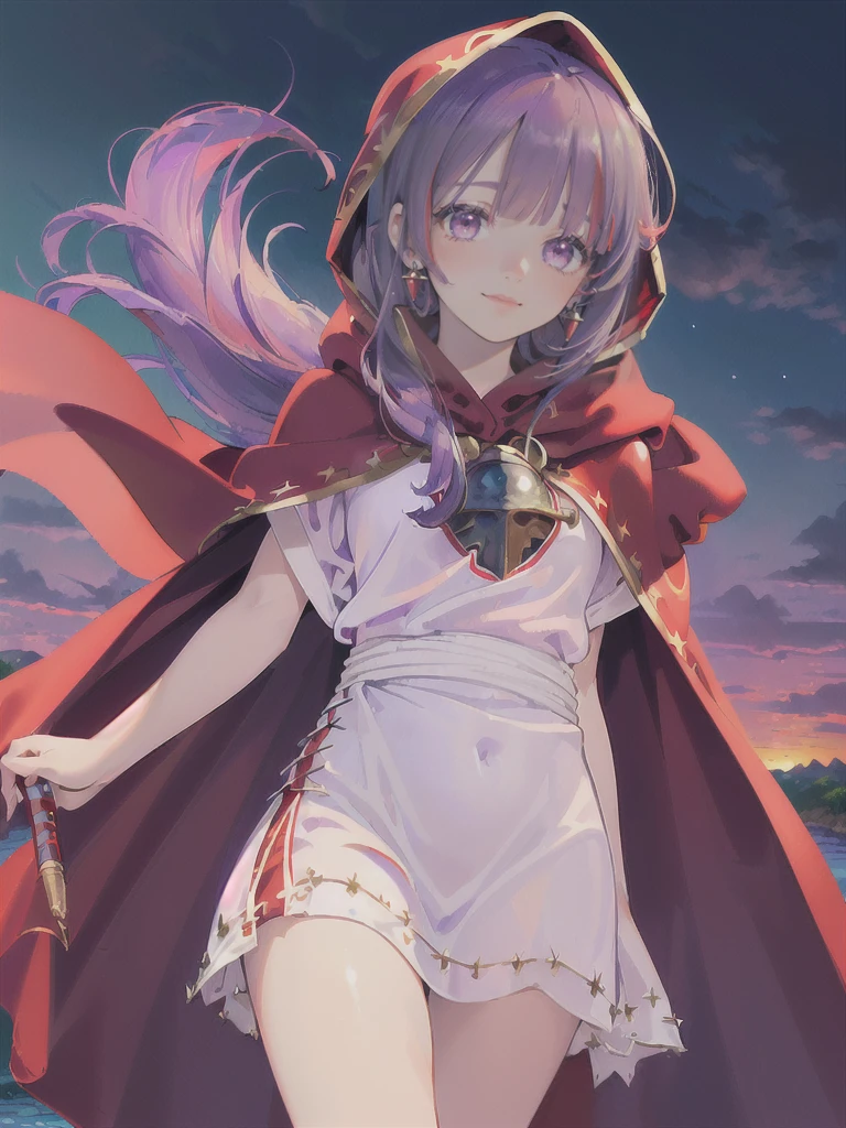 ((((DQ2 Moonberg Princess)))), ((1little girl)), 13years, (((deep purple hair))), ((Blunt bangs)), (Fluffy long hair), (Deep red eyes), ((((red hood)))), (Lotto emblem on the hood), (((purple red stole))), Pearl earrings, (((White robe with red edging))), ((drooing eyes)), Holding a magic wand in his left hand,
((By the river)), Crescent, Healing Magic, Ruined castle,
photographrealistic, Sense of depth, Absurd resolution, High resolution, 8K, 4K, detail, Best Quality, (Raw photo, Best Quality, masters:1.2), (Realistic, Photorealsitic:1.37), ultra-detailliert,
Smile, Looking at the camera, full-face blush, sad, (Walking), (Looking back), Angle from back, Full body shot,