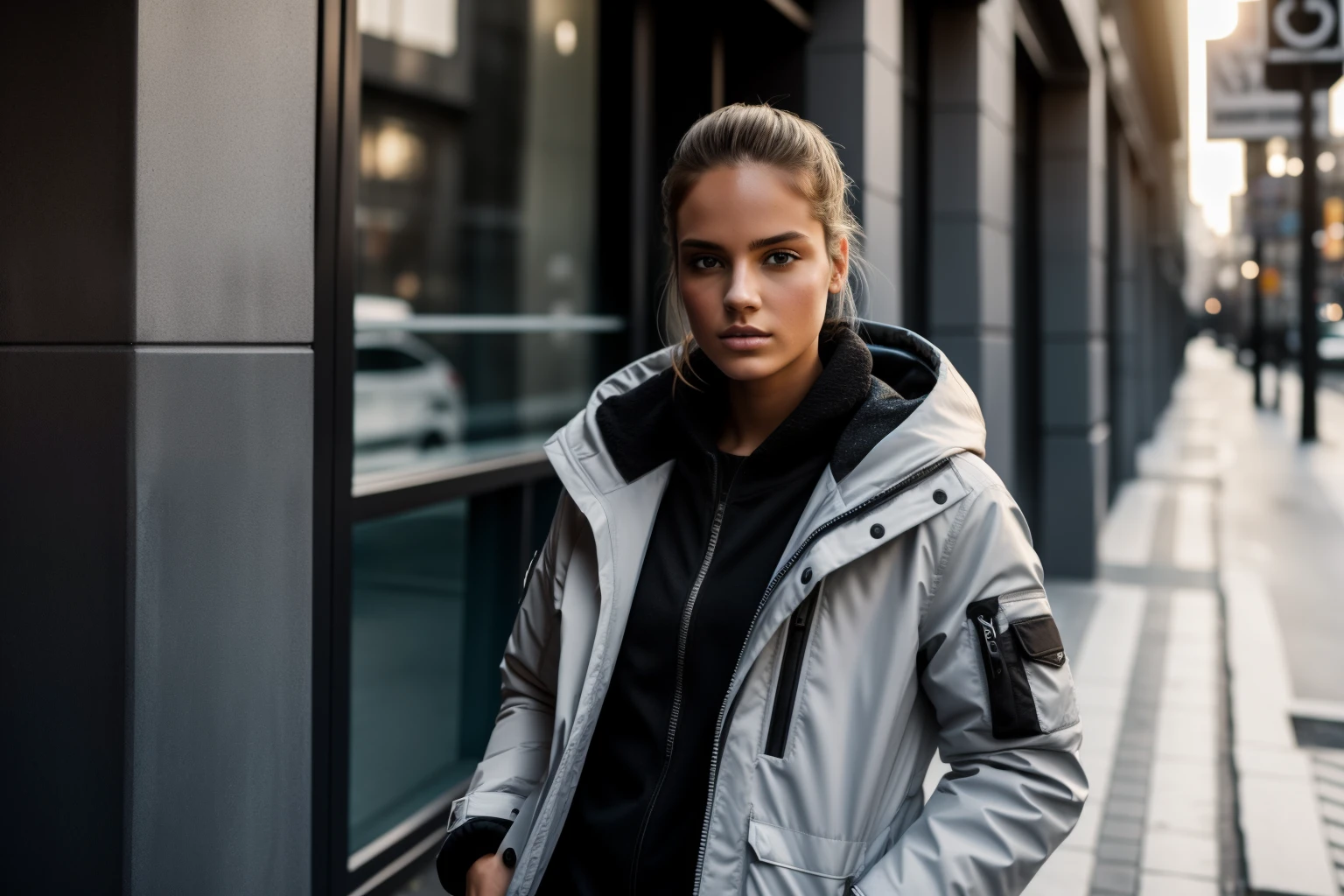 A full-body confident 25-years old white-skin female model in a winter jacket, poising on a street, medium: photo hyper-realism, style: edgy street fashion meets contemporary art, lighting: dramatic contrast with a mix of artificial and natural light, colorold and gritty with a focus on the textures of the winter jacket and street, composition: Nikon D850, AF-S NIKKOR 50mm f/1.8G lens, Resolution 45.7 megapixels, ISO sensitivity: 200, Shutter speed 1/125 second, close-up shot with a focus on the full body, street art as a backdrop --ar 16:9 --v 5.1 --style raw --q 2 --s 750