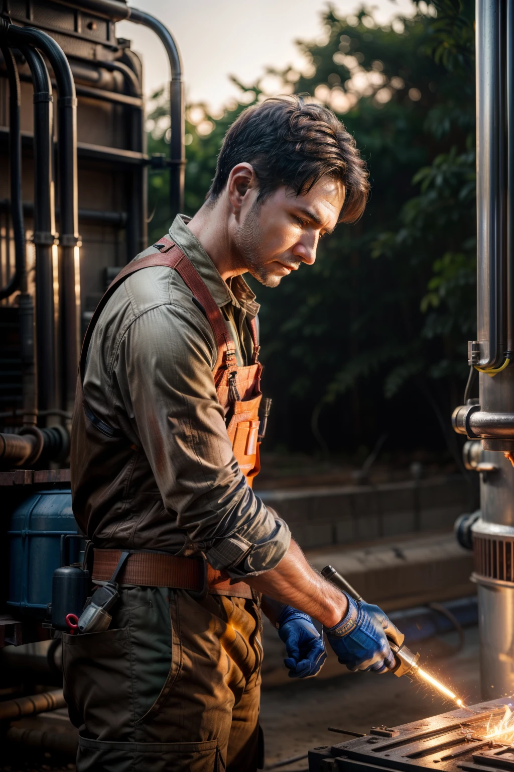 Male worker installing REFCOMP industrial compressor refrigeration unit outdoors, soldering of pipelines, copper pipeline (Best Quality,4k,8K,hight resolution,Masterpiece:1.2),Ultra-detailed,(Realistic,Photorealistic,photo-realistic:1.37),Colorful and bright background,blurry bokeh effect,Deep color,Rich color