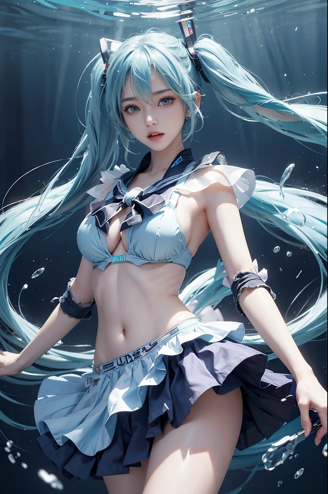 Big breasts Hatsune Miku, actual, Blue hair, ultra - detailed,blue bikini,