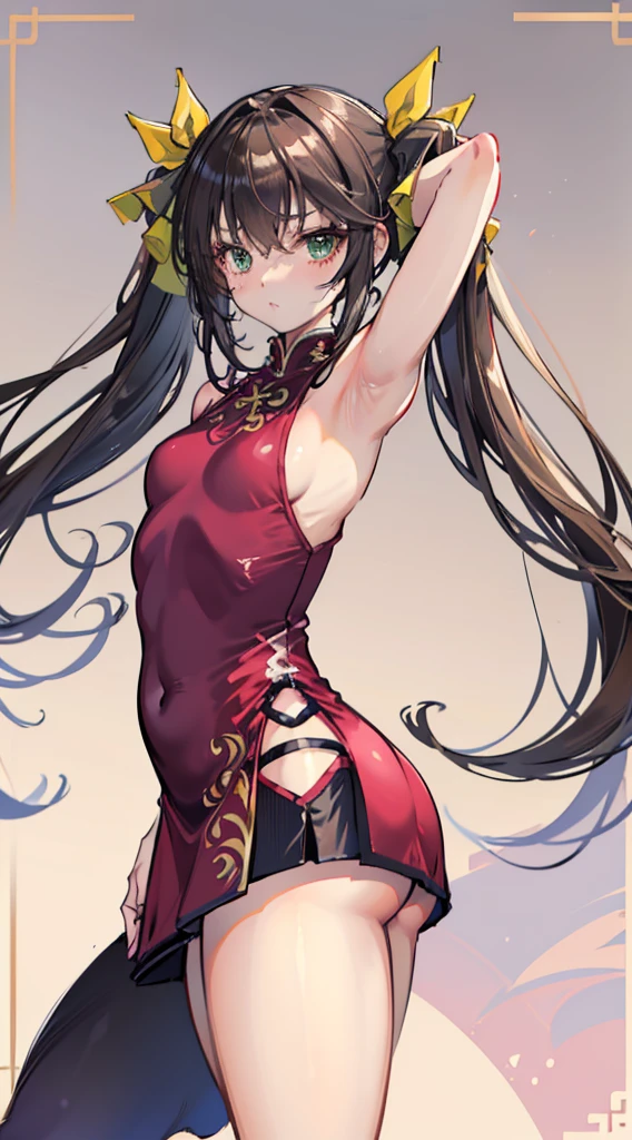 best quality, masterpiece, chinese fitness supermodel, 1girl, solo, long straight brown hair, small twintails, green eyes, hair ribbon, (tanned, dark skin, narrow waist, wide hips, big ass, thin, curvy, thick lips), lipstick, eye shadow, luscious long hair, long eyelashes, flirty behavior, shiny skrmfitting halterneck silk burgundy short cheongsam), toned thick thighs, girly accessories, feminine behavior, (black sheer thighighs), absurdres, highres, high detail, high quality, 8k, foreshortening, nightout