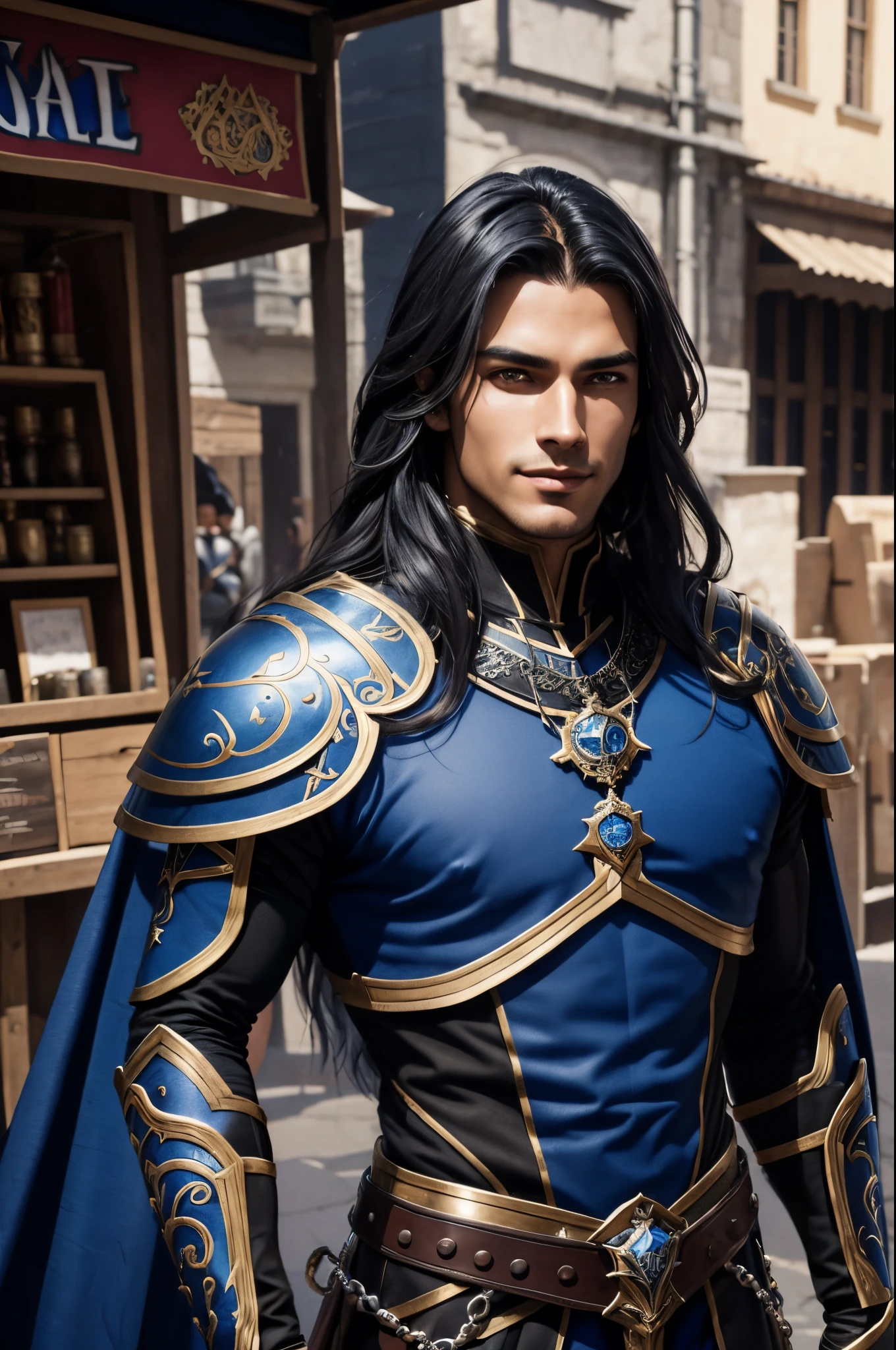 8K,Close-up of a devil in blue and black costume, beautiful young devil, Super handsome(Like the real thing)super realistic skin,Young men,blue-black long hair,graphic artist magali villeneuve, Fantasy warriors in full armor, Very stylish fantasy blue and black costume,Stunning character art, epic exquisite character art, arsen lupine, River Male, ,Colored men,medieval street stalls,Big smile,Humorous,lean body muscles,super handsome young man,