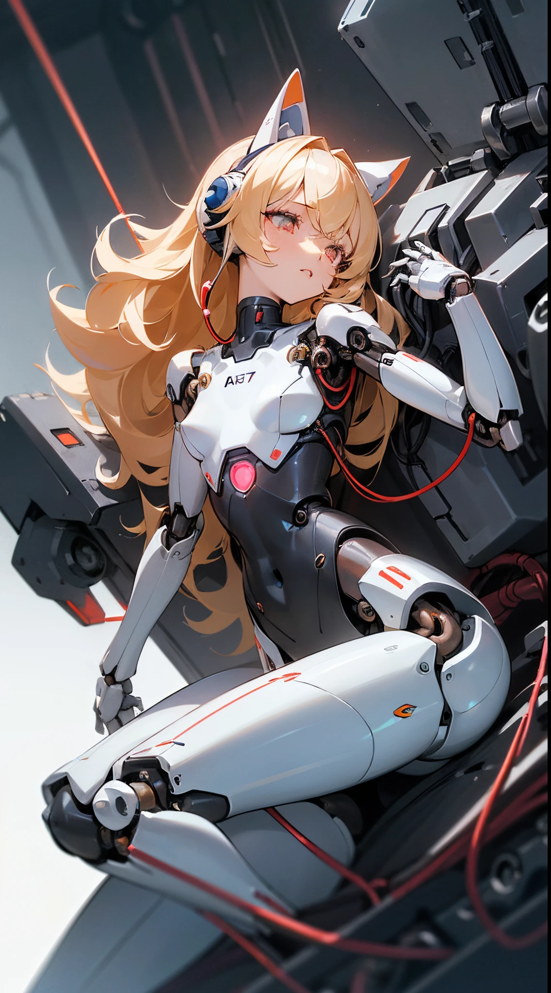 an extremely delicate,
beautiful robot girl,
Parts being replaced,
(Dozens of cables connected to body and ears:1.3),
robot girl lying back down on a bed,
break,
8K,
best quality,
masterpiece,
ultra hires,
ultra detailed girl,
break,
(looking away:1.4),
cowboy shot,
break,
bloom,
Rim Lights,
glowing,
Moody lighting,
break,
1girl,
solo,
(robot girl:1.4),
college age,
Perfect female body,
(lie on one's back:1.2),
(despair:1.2),
(trembling),
(parted lips),
(hollow eyes:1.2),
(feeling weak:0.8),
Fluttering long hair,
big hair,
Air bangs,
long bangs between eyes,
(shiny blonde hair),
(Red Eyes),
(glowing cyborg eyes:1.2),
boyish face,
metallic skin,
highly detailed skin,
small breasts,
Narrow waist,
break,
(black and white two-tone body:1.4),
(Mechanical joints:1.4),
pale red energy tank,
white side skirt armor,
long boots,
chest armor,
Mechanical cat ears,
(Bare thighs:1.2),
(Bare shoulders:1.2),