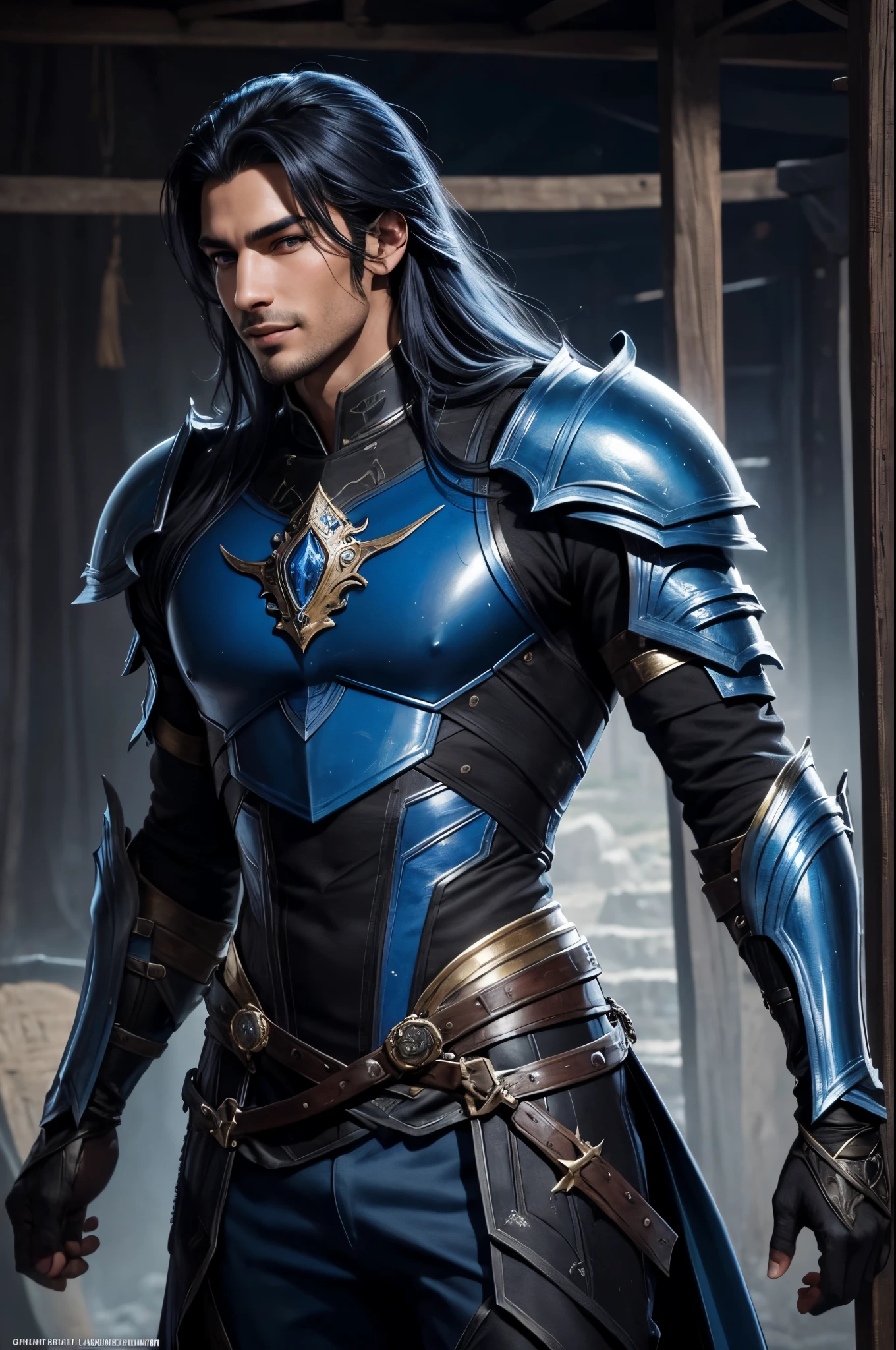 8K,Close-up of a devil in blue and black costume, beautiful young devil, Super handsome(Like the real thing)super realistic skin,Young men,blue-black long hair,graphic artist magali villeneuve, Fantasy warriors in full armor, Very stylish fantasy blue and black costume,Stunning character art, epic exquisite character art, arsen lupine, River Male, ,Colored men,medieval street stalls,Big smile,Humorous,lean body muscles,super handsome young man,