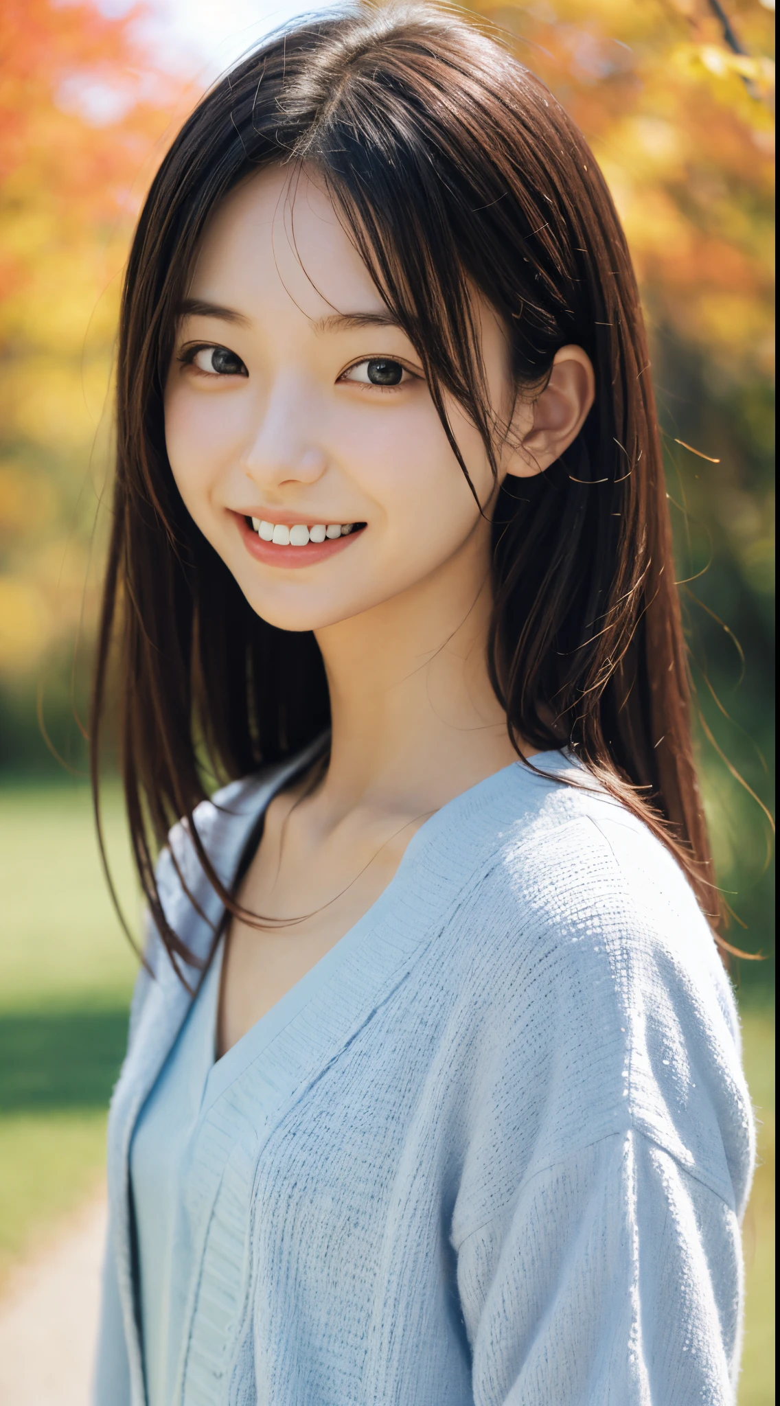 A happy smile looking at this、Under the Autumn Sky、dressed casually、(masutepiece, Best Quality:1.4), girl, Solo, (Beautiful face, ), violaceaess, 8K, **** student, absurderes, Upper body, , Looking at Viewer, No makeup, Film grain, chromatic abberation, Sharp Focus, face lights, Sophisticated, (Smile:0.5),   Background, Bokeh background, [:Detail Face:10]