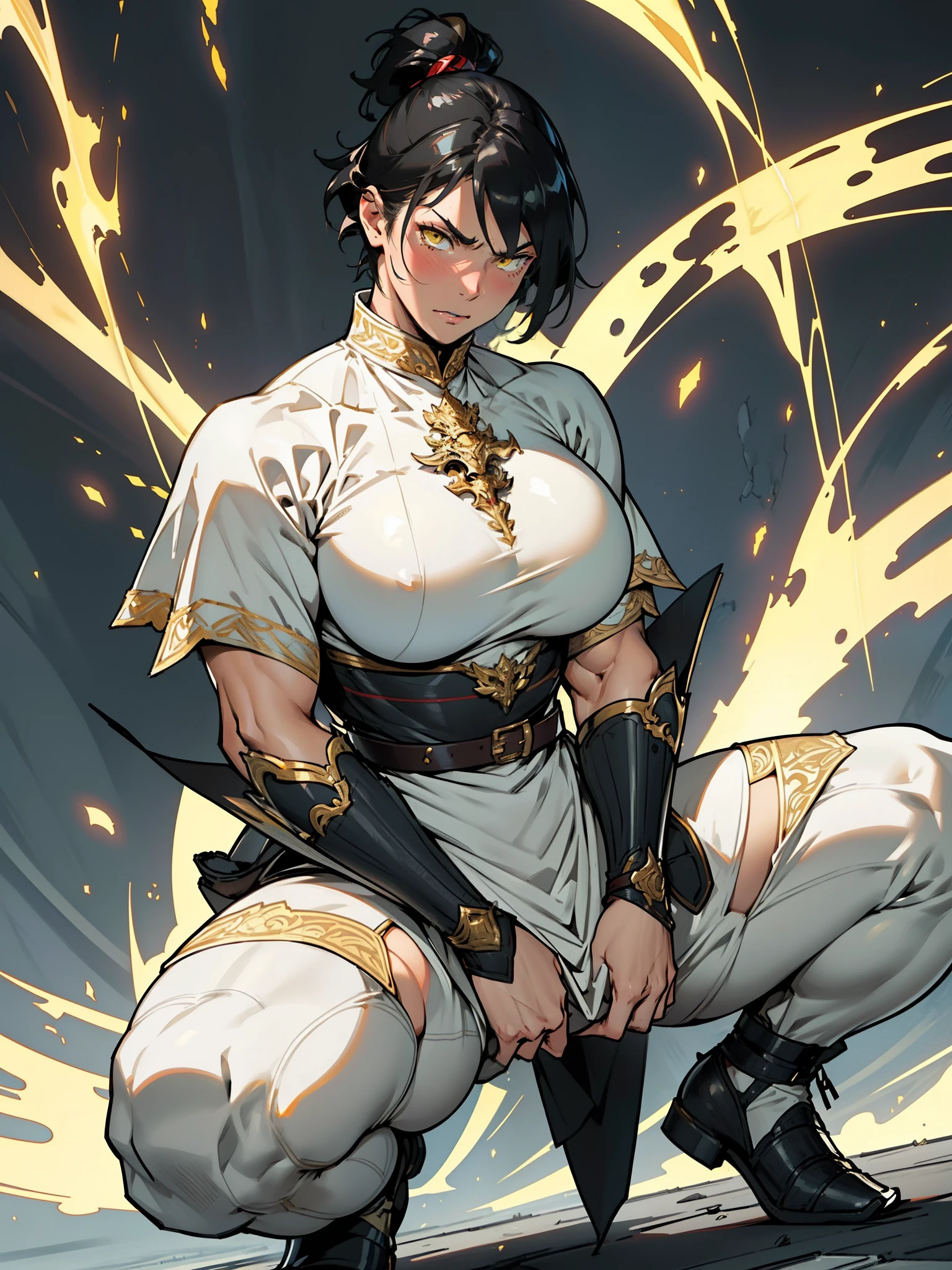 (High resolution, Pixels are perfect, luxurious illustration), (hyper quality, masutepiece, Ethereal: 1.4),(Solo:1.4), Black hair, ((Very short hair)), (Yellow eyes), ((angry)), pale skin, (((((((muscular))))))), ((thick thighs)), ((Huge breasts)), (((Woman))), ((((A MILF)))),  ((nffsw_Chi_armor)), (((wide hips))), ((greybackground)), (Shiny skin), ((Overexposure)), (((squatting and spread legs))), {facials}, {{blush}},