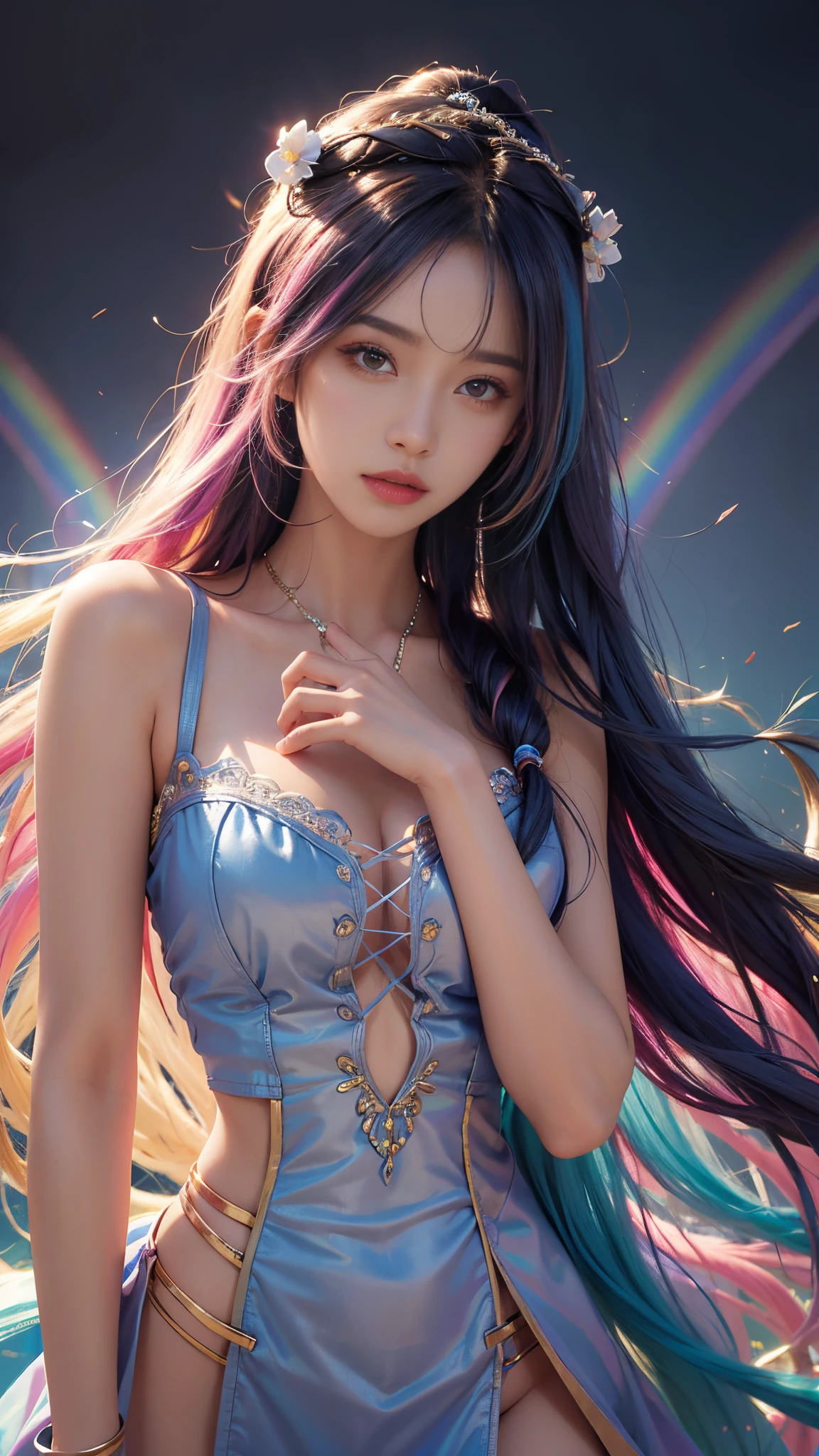 model shoot, (1 girl), long hair, rainbow hair, Islamic warrior, rainbow outfit, laces, shining:1.5, hyper realistic, super detailed, Dynamic shot, masterpiece, scene sharp détails, perfect eyes, perfect skin, perfect hands, attractive poses,