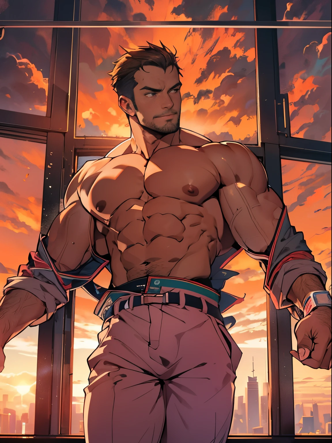 distinguished gentleman, upper body in frame, head in frame, sihouette in the sunset, orange-red sky, thick majestic cloud, chest revealed, bare chest, pec muscles, buttons open, mature, stubble, CEO in a penthouse skyline view, confident posture, muscular, revealing clothes