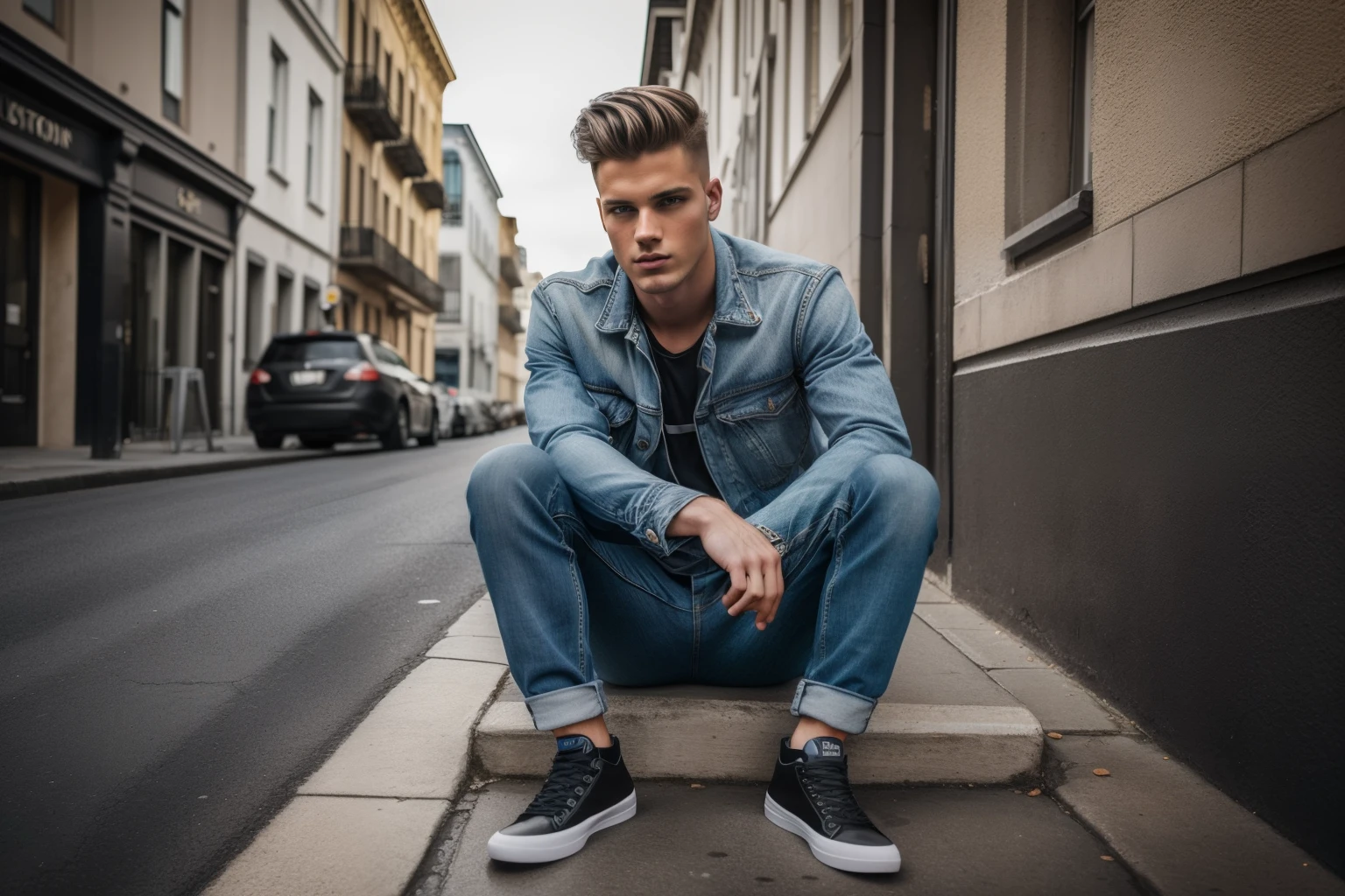 A full-body confident 25-years old white-skin male model in a blue jeans, poising on a street, medium: photo hyper-realism, style: edgy street fashion meets contemporary art, lighting: dramatic contrast with a mix of artificial and natural light, colorold and gritty with a focus on the textures of the jeans and street, composition: Nikon D850, AF-S NIKKOR 50mm f/1.8G lens, Resolution 45.7 megapixels, ISO sensitivity: 200, Shutter speed 1/125 second, close-up shot with a focus on the full body, street art as a backdrop --ar 16:9 --v 5.1 --style raw --q 2 --s 750