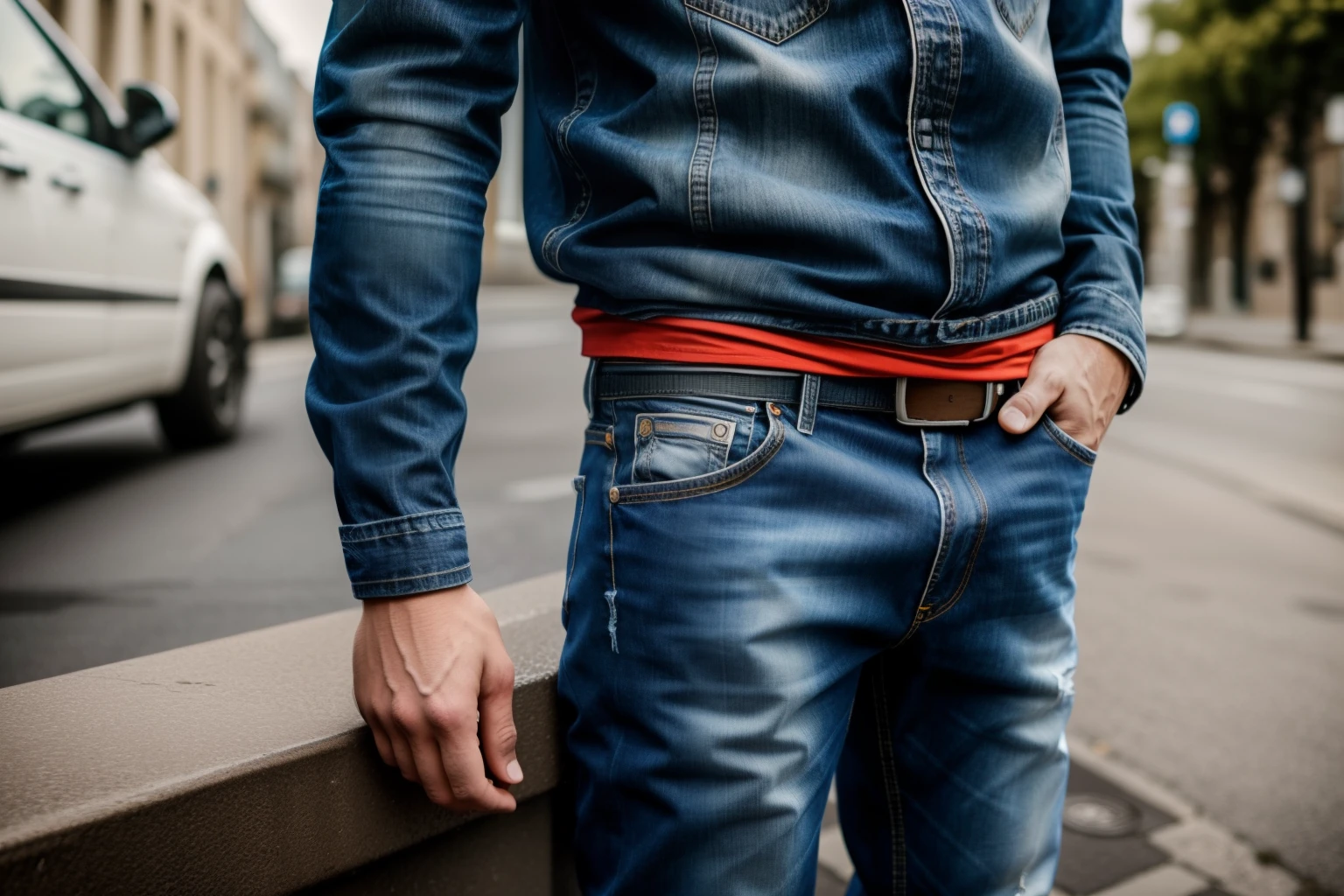A full-body confident 25-years old white-skin male model in a blue jeans, poising on a street, medium: photo hyper-realism, style: edgy street fashion meets contemporary art, lighting: dramatic contrast with a mix of artificial and natural light, colorold and gritty with a focus on the textures of the jeans and street, composition: Nikon D850, AF-S NIKKOR 50mm f/1.8G lens, Resolution 45.7 megapixels, ISO sensitivity: 200, Shutter speed 1/125 second, close-up shot with a focus on the full body, street art as a backdrop --ar 16:9 --v 5.1 --style raw --q 2 --s 750