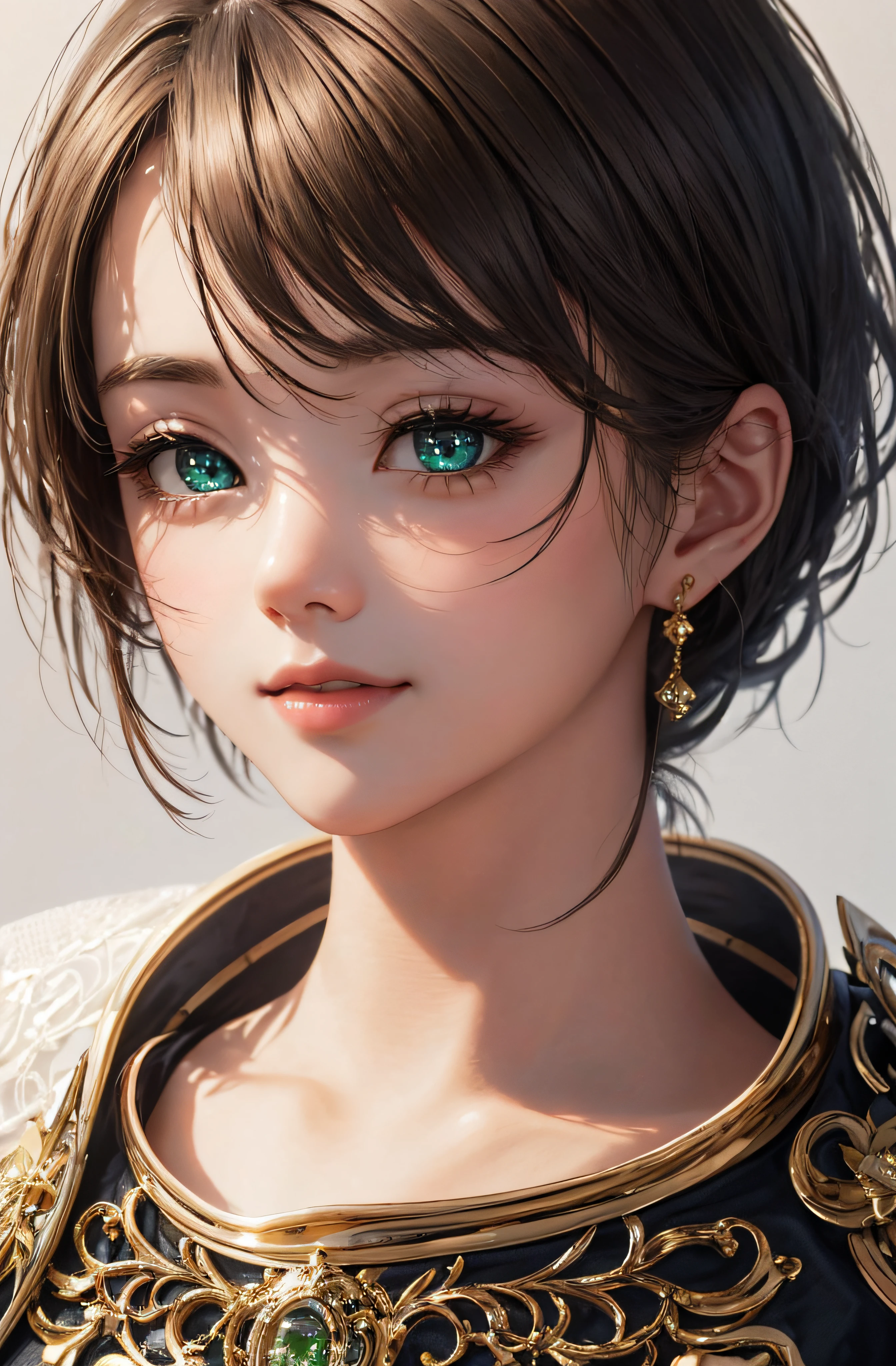 8K、realphoto、超A high resolution, Master Parts, Best Quality, nffsw , cinematic images,Lovely girl、ann、16 only、Anglo-Saxon、二重まぶた、drooing eyes、Very big eyes、Eyes are green、Dark eye shadow、The lips are very thin、The tip of the nose stretches beautifully.........、the tip of the nose is small,,,,, ighly detailed , Dark gold hair、Straight short hair、ssmile、 Sweet look 、a very beautiful woman、legs are long、 Very clear shadows , jewely , A sexy , A detailed eye, very intricate, shiny skins , Perfect Brilliant, Perfect Lighting, Dramatic shadows、See-through white dress