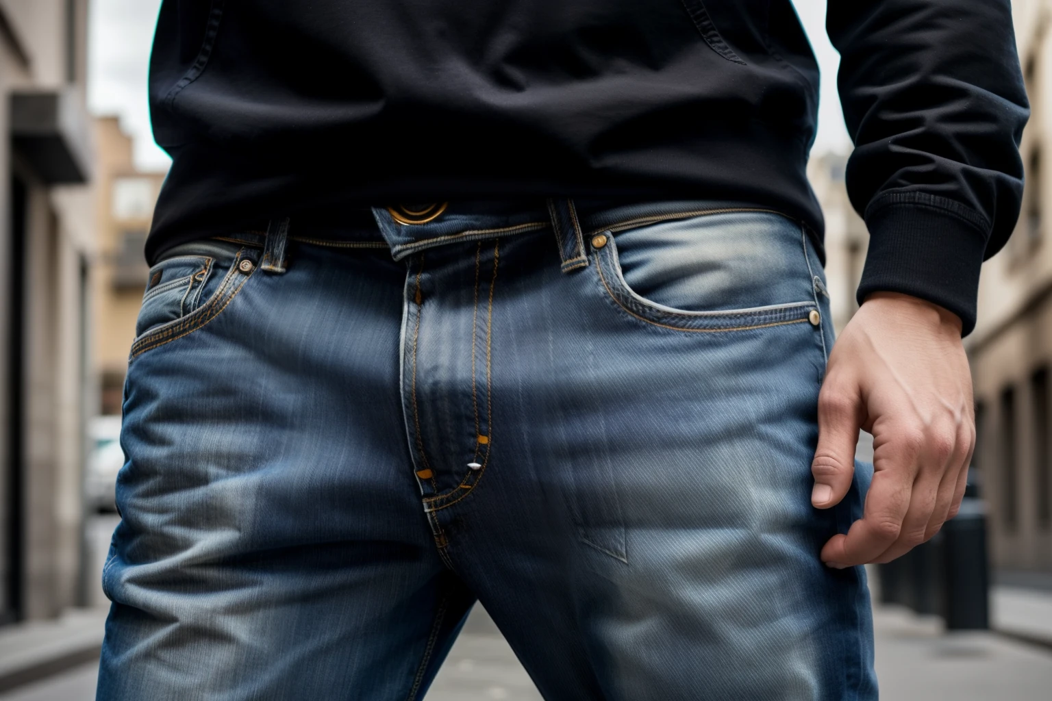 A full-body confident 25-years old white-skin male model in a blue jeans, poising on a street, medium: photo hyper-realism, style: edgy street fashion meets contemporary art, lighting: dramatic contrast with a mix of artificial and natural light, colorold and gritty with a focus on the textures of the jeans and street, composition: Nikon D850, AF-S NIKKOR 50mm f/1.8G lens, Resolution 45.7 megapixels, ISO sensitivity: 200, Shutter speed 1/125 second, close-up shot with a focus on the full body, street art as a backdrop --ar 16:9 --v 5.1 --style raw --q 2 --s 750