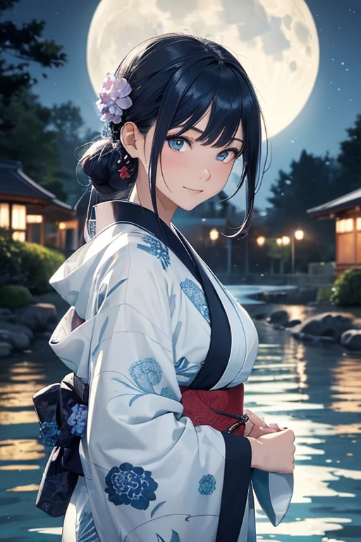 (ultra-detailed:1.3, master piece:1.3, best quality:1.3, high resolution:1.3)ager, a innocent girl, beautiful face, jade eyes, eyes in highlight, catch light eyes, specular highlight eyes, beautiful breasts, dark-haired, ((long hair tied back) a smile, White and cyan wavy abstract pattern inside a dark blue kimono) bright red hair ornament, shoot from front, a hydrangea, stream, night, a moon, riverside