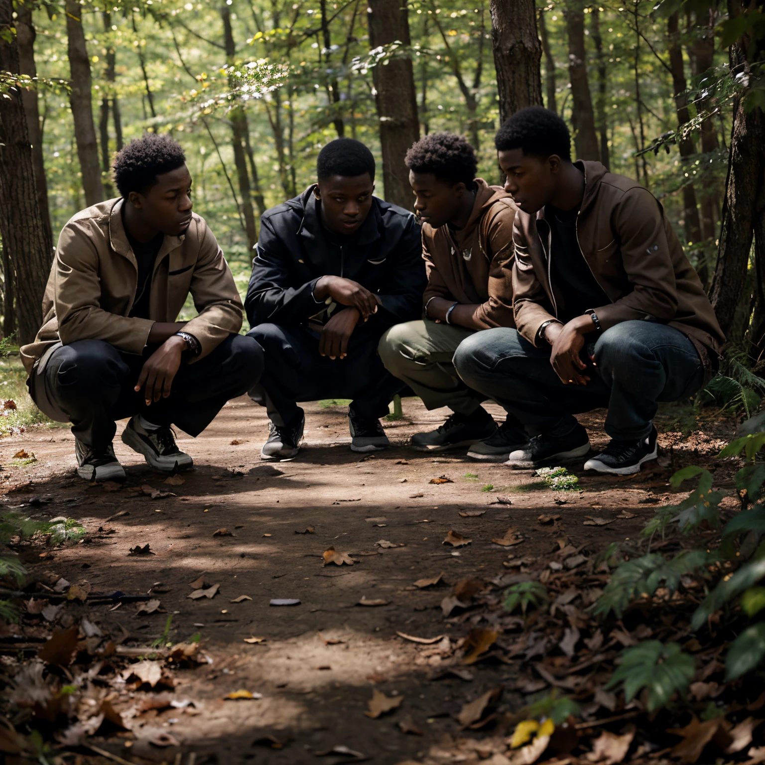 a group of thug black male teenagers looking at leaves in the woods