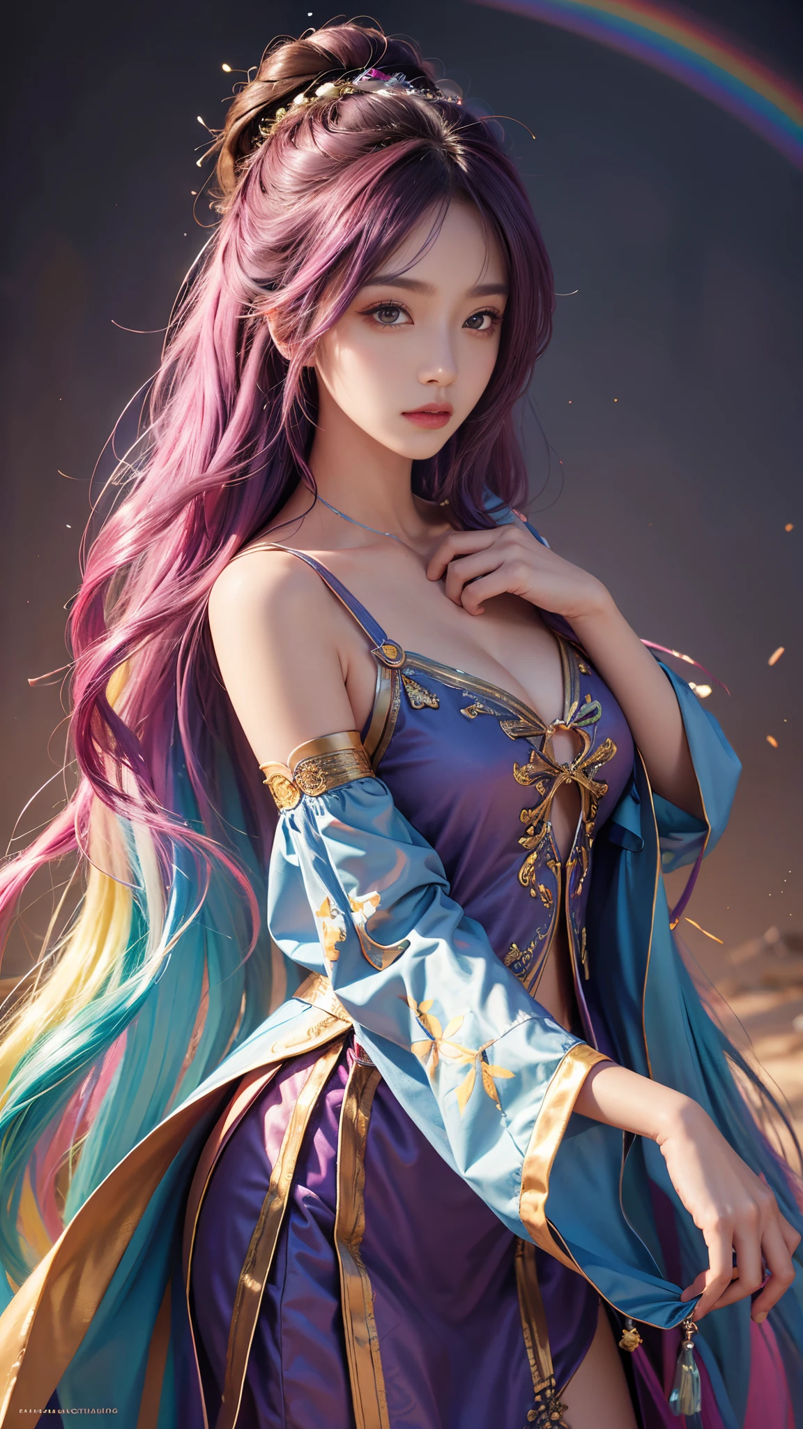 model shoot, (1 girl), long hair, rainbow hair, Islamic warrior, rainbow outfit, laces, shining:1.5, hyper realistic, super detailed, Dynamic shot, masterpiece, scene sharp détails, perfect eyes, perfect skin, perfect hands, attractive poses,