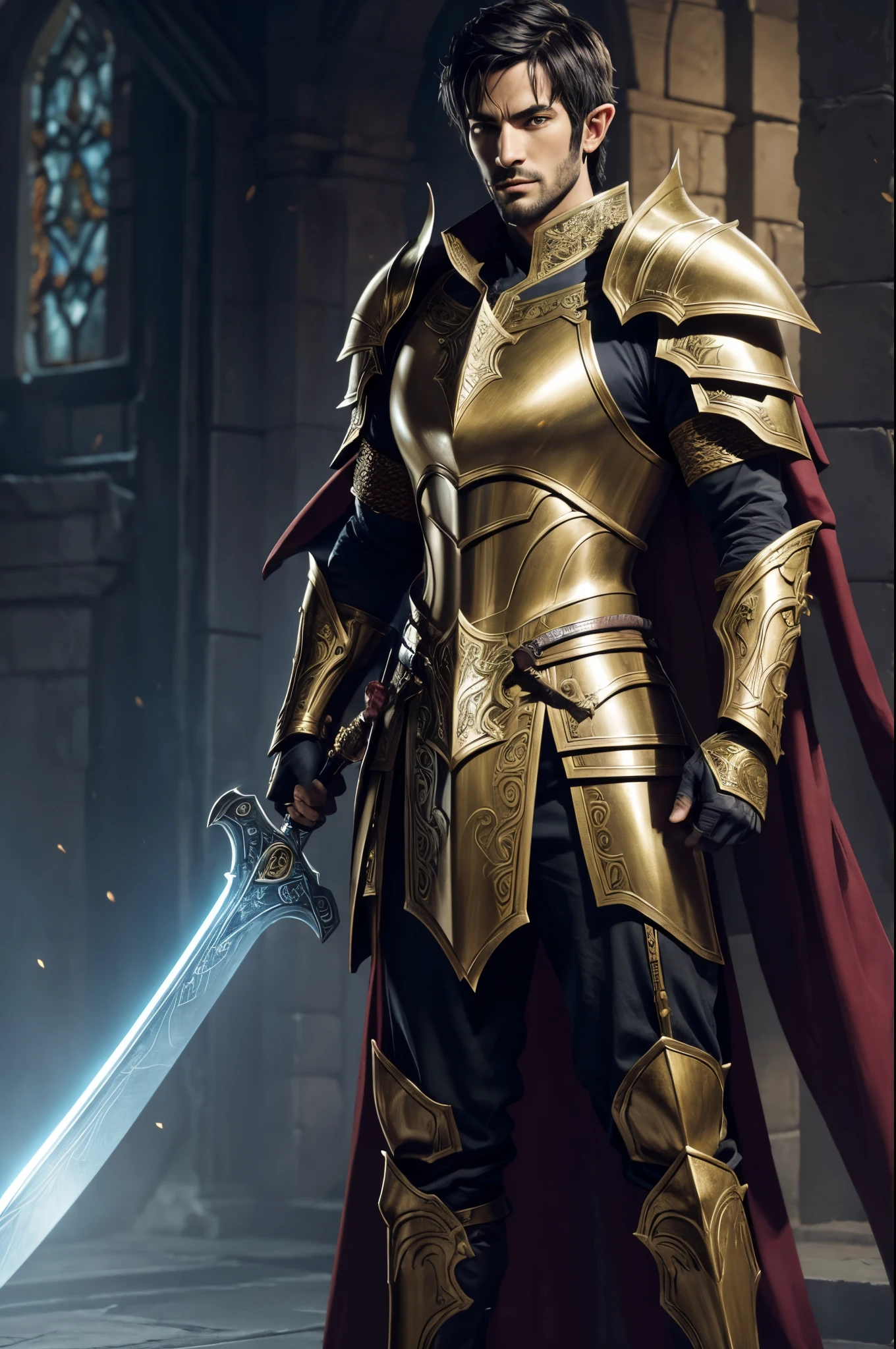 8K,Close-up of a costumed devil holding a sword, beautiful male devil, graphic artist magali villeneuve, Fantasy warriors in full armor, Very stylish fantasy armor, elven armor, black and gold armor, Stunning character art, epic exquisite character art, fantasy warrior, Arsen Lupin as Paladin, River Male, Best Elven Warriors,Colored men,Inside the demon castle,