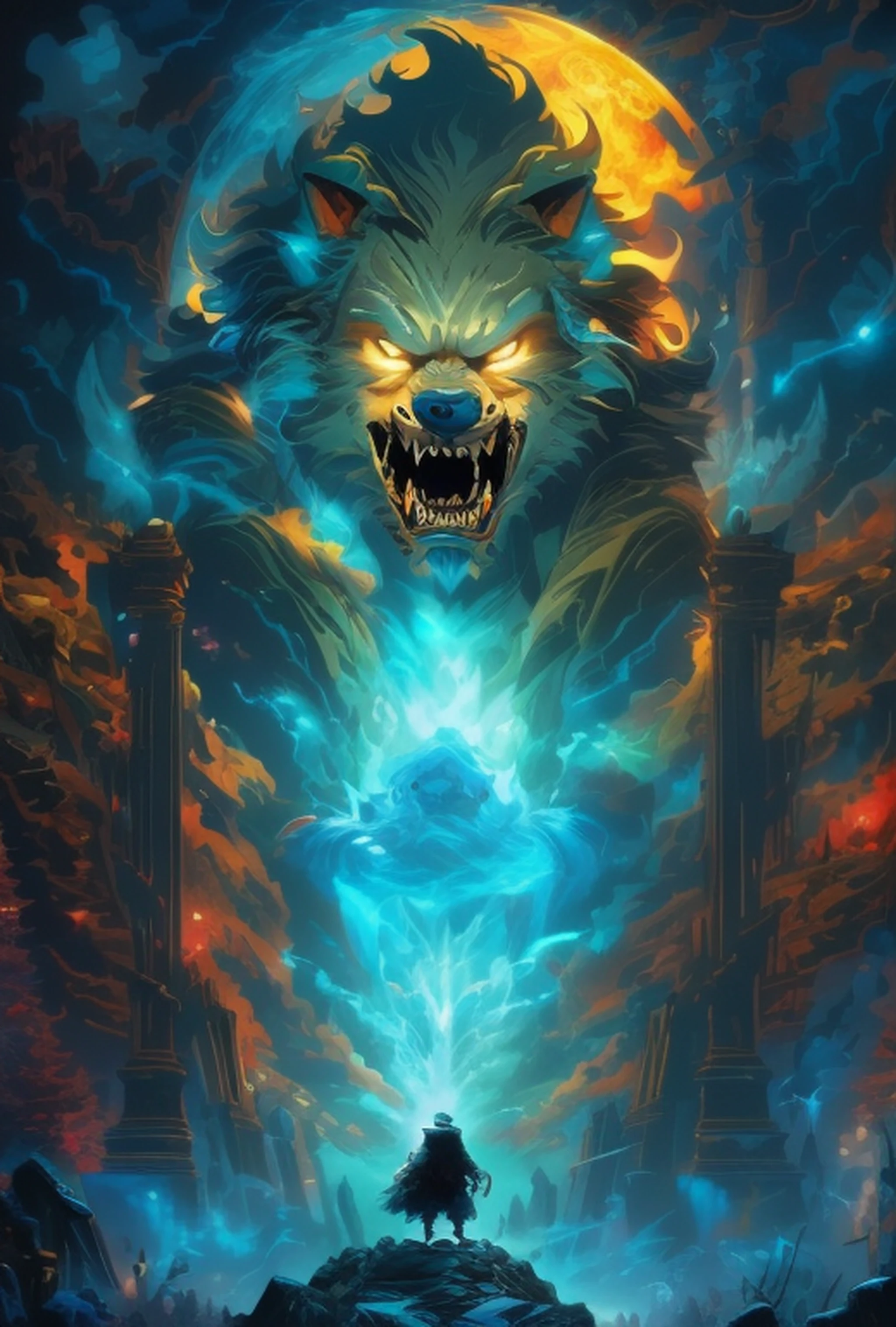 Big faced werewolf poster, fractal thunder dan mumford, El Bosco and Dan Mumford, Dan Mumford's art style, Dan Mumford art style, epic full color illustration, inspired by Dan Mumford, Ominous fantasy illustration, full art illustration, fenrir, and Mumford Tom Bagshaw.., and Mumford. concept-art