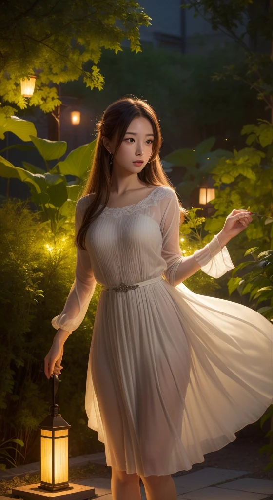 (8K, of the highest quality, masutepiece: 1.2), (Realistic, Photorealistic: 1.37), Super Detail, one girls, Wide-angle angle of view, Firefly Garden, There are many small faint lights and fireflies flying around, Night