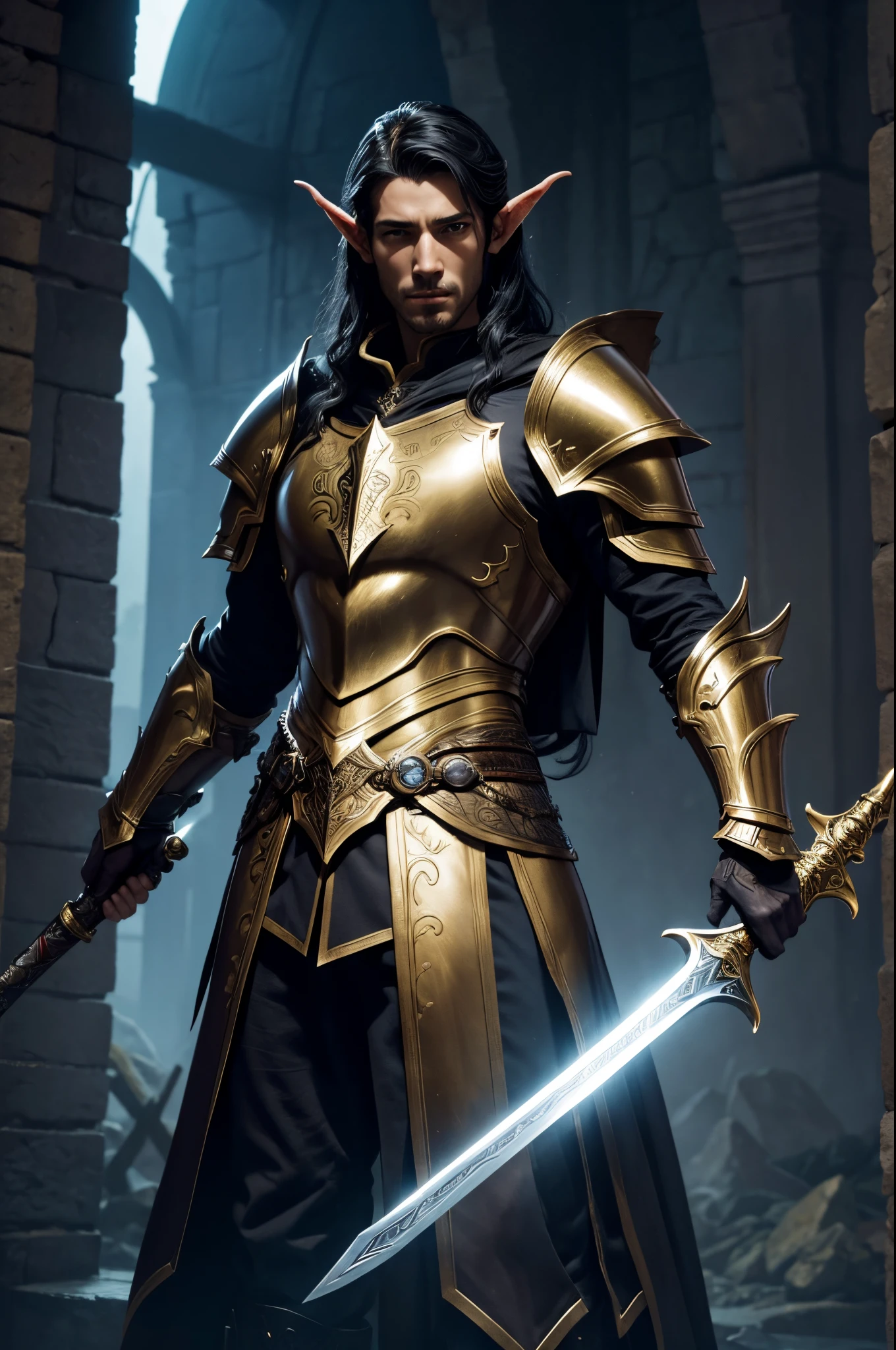 8K,Close-up of a costumed devil holding a sword, beautiful male devil, graphic artist magali villeneuve, Fantasy warriors in full armor, Very stylish fantasy armor, elven armor, black and gold armor, Stunning character art, epic exquisite character art, fantasy warrior, Arsen Lupin as Paladin, River Male, Best Elven Warriors,Colored men,Inside the demon castle,