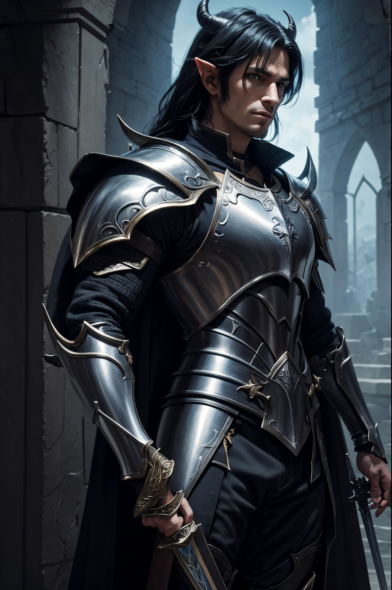 8K,Close-up of a costumed devil holding a sword, beautiful male devil, graphic artist magali villeneuve, Fantasy warriors in full armor, Very stylish fantasy armor, elven armor, Jet black armor, Stunning character art, epic exquisite character art, fantasy warrior, Arsen Lupin as Paladin, River Male, best demon warrior,Colored men,Inside the demon castle,