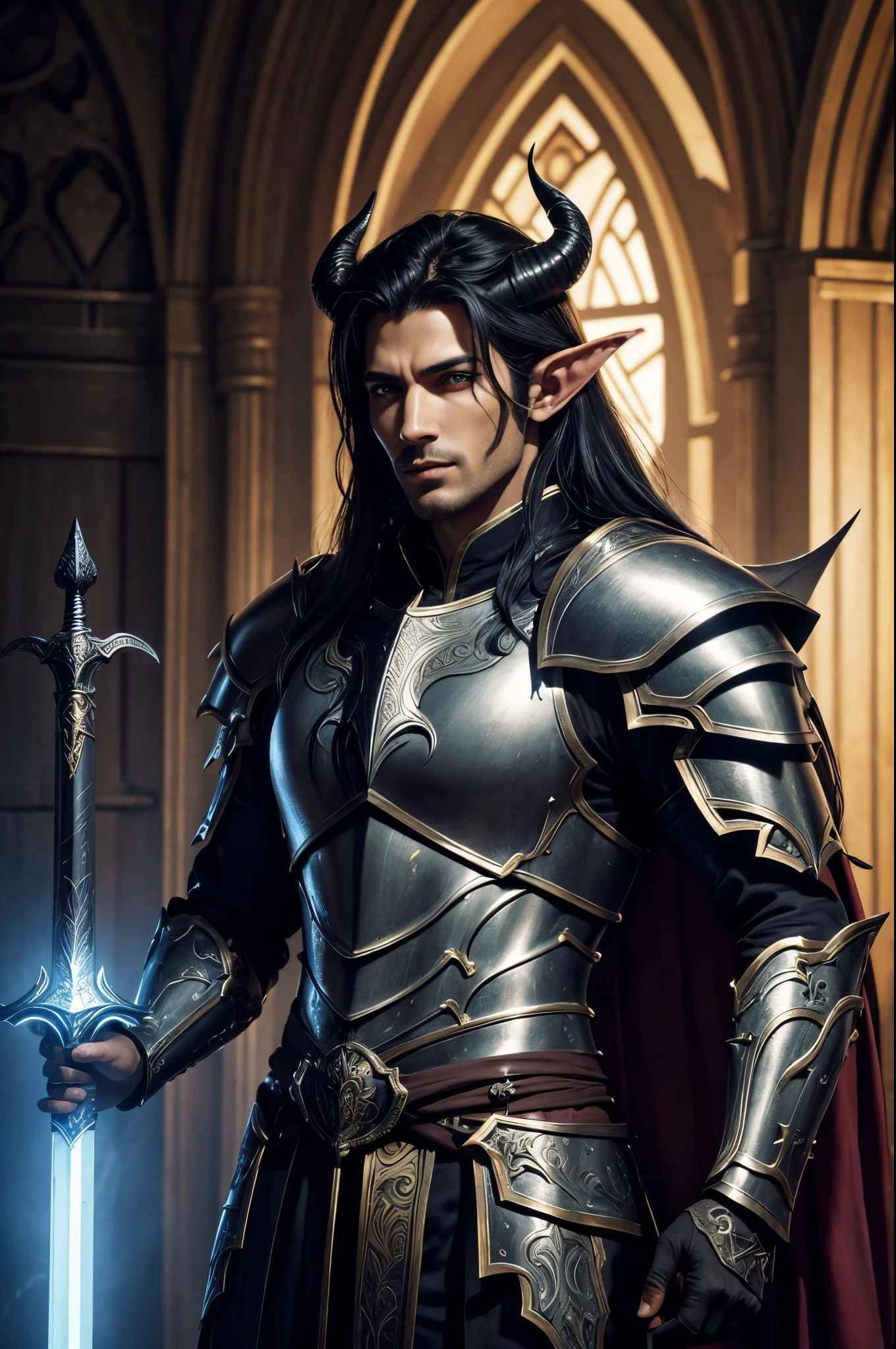 8K,Close-up of a costumed devil holding a sword, beautiful male devil, graphic artist magali villeneuve, Fantasy warriors in full armor, Very stylish fantasy armor, elven armor, black and gold armor, Stunning character art, epic exquisite character art, fantasy warrior, Arsen Lupin as Paladin, River Male, Best Elven Warriors,Colored men,Inside the demon castle,