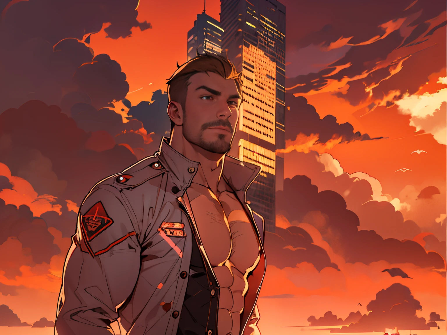 distinguished gentleman, upper body in frame, head in frame, sihouette in the sunset, orange-red sky, thick majestic cloud, gibili style, chest revealed, bare chest, pec muscles, buttons open, mature, stubble, CEO in a penthouse futuristic skyline view, confident posture, muscular, revealing clothes